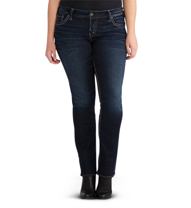 Silver Women's Suki Curvy Fit Mid Rise Straight Leg Jeans - Dark Indigo - Plus Size