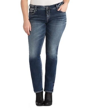Silver Women's Elyse Mid Rise Straight Leg Jeans - Dark Indigo - Plus Size