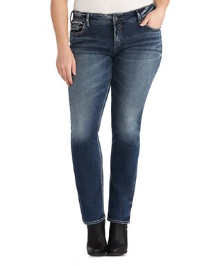 Silver Women's Elyse Mid Rise Straight Leg Jeans - Dark Indigo - Plus Size
