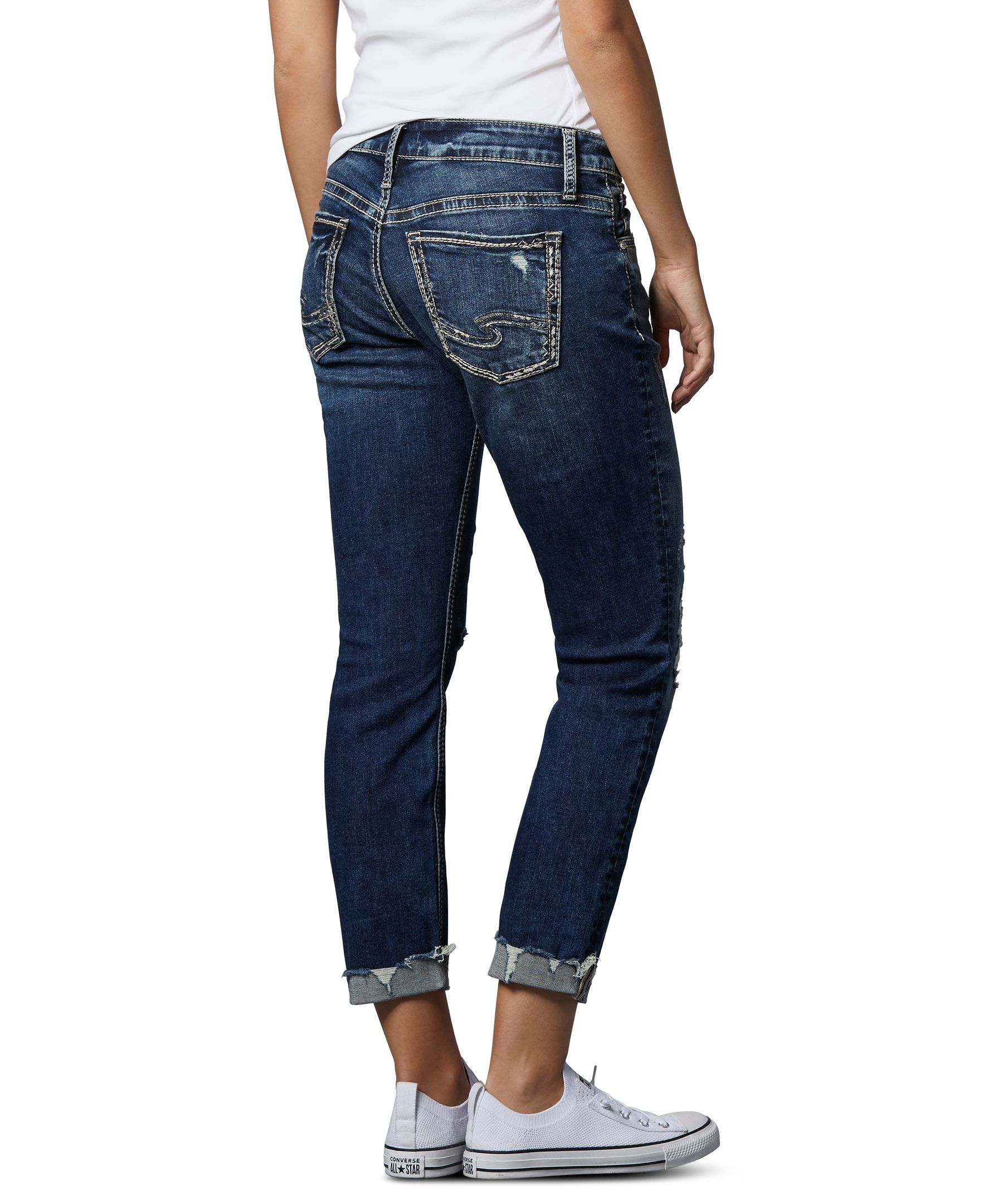 Silver Women's Boyfriend Mid Rise Slim Destruction Raw Hem Jeans