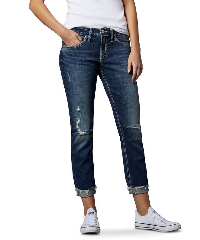 Silver Women's Boyfriend Mid Rise Slim Destruction Raw Hem Jeans