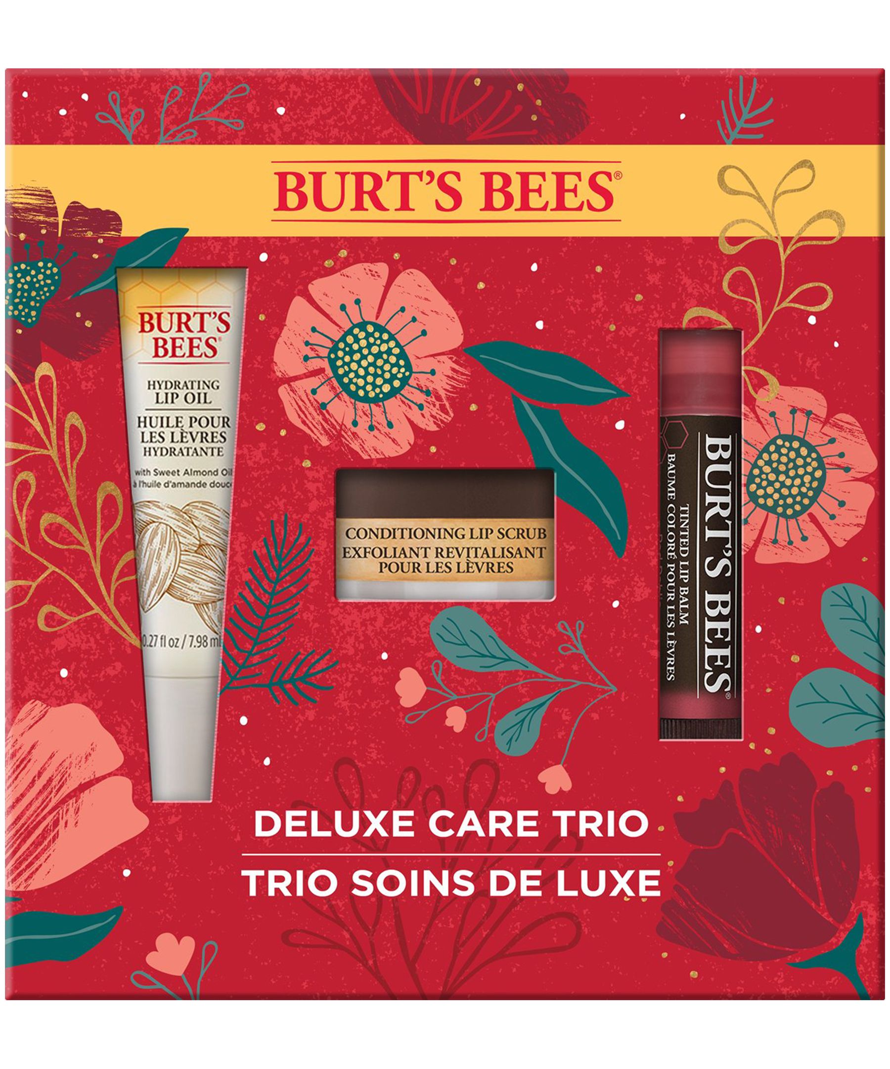 Burts Bees Ensemble cadeau de soins de luxe à ingrédients naturels pour les lèvres, paquet de 3 - Huile pour les lèvres hydratante, Exfoliant revitalisant pour les lèvres, Baume co Front_Flat