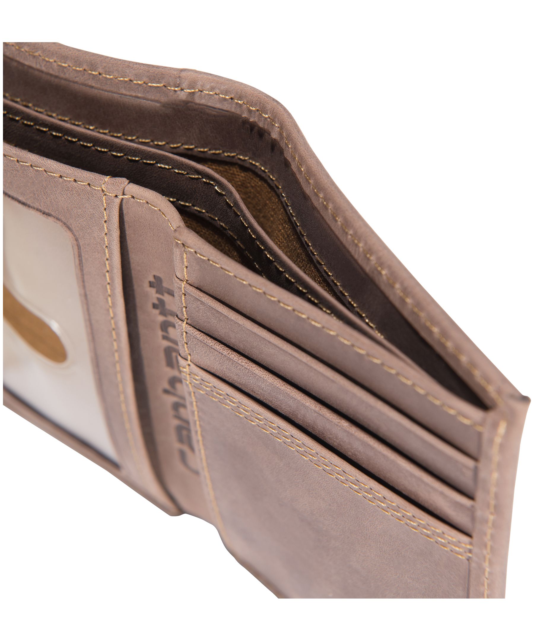 Portefeuille en cuir triples surpiqûres à trois volets avec pochette pour six cartes et deux poches latérales pour hommes, Carhartt CloseUp