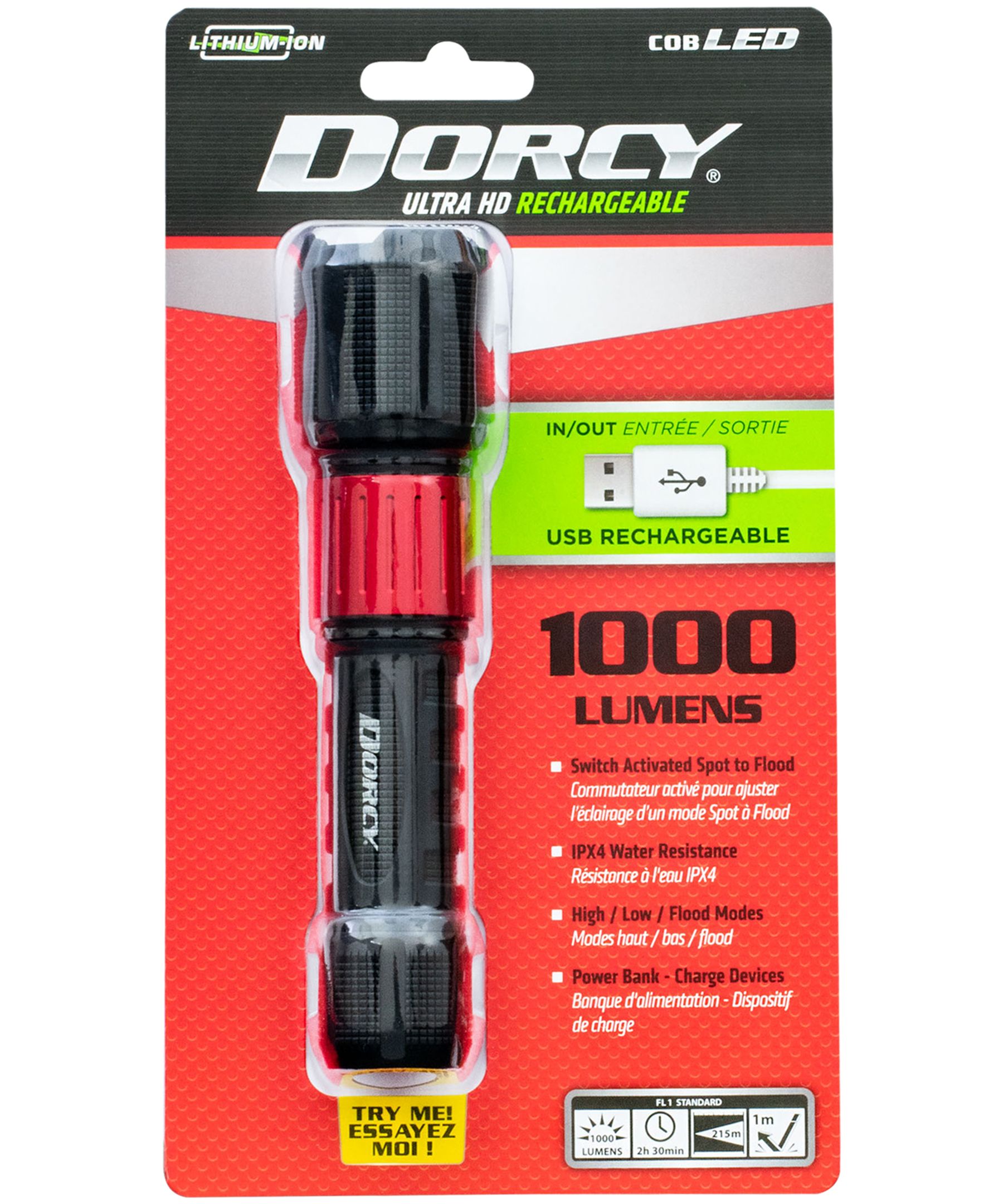 Lampe de poche à DEL rechargeable par USB en aluminium, 1000 lumens, Dorcy