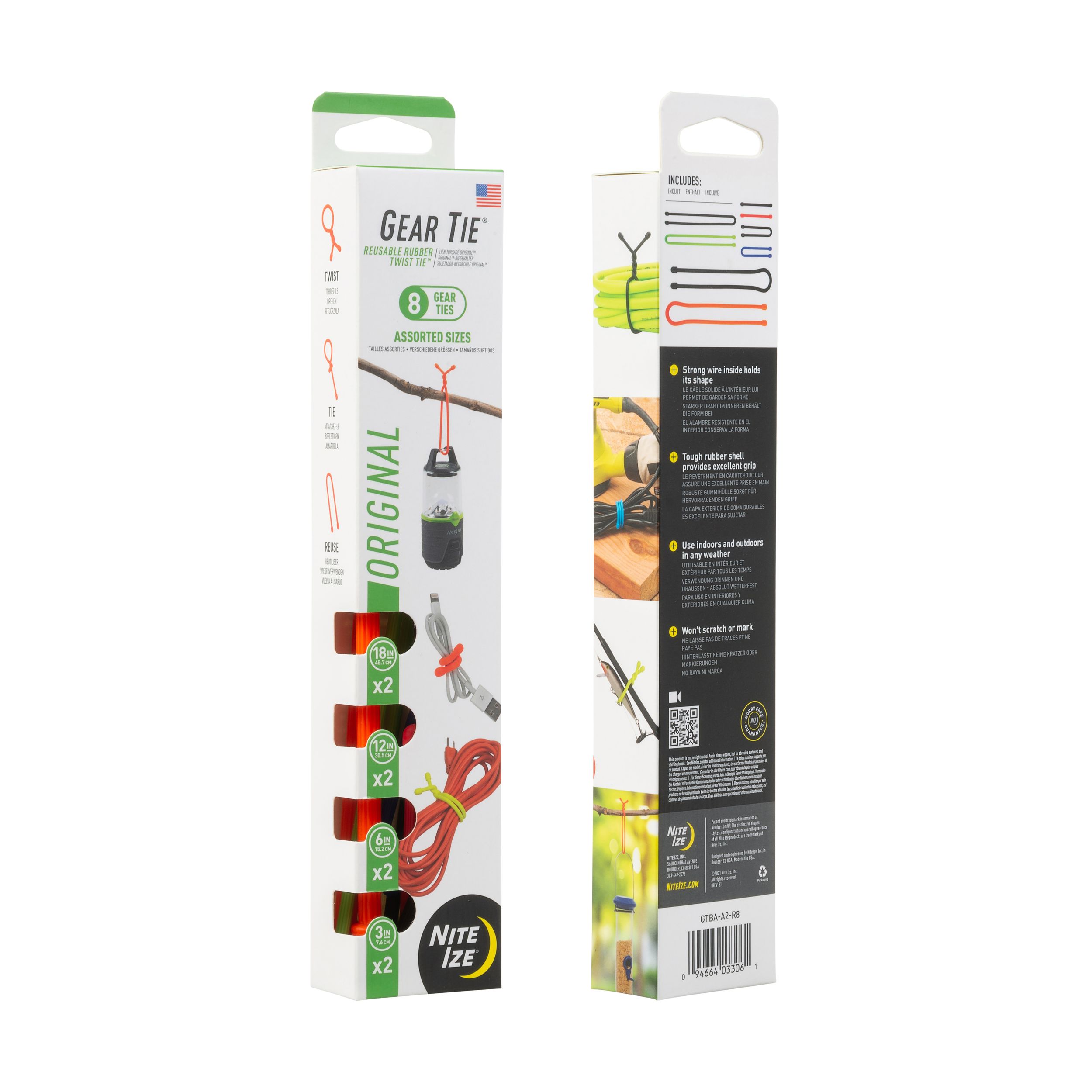 Attaches enroulable et réutilisable de 8&nbsp;pouces en caoutchouc, paquet assorti de 8, Gear Tie, Nite Ize