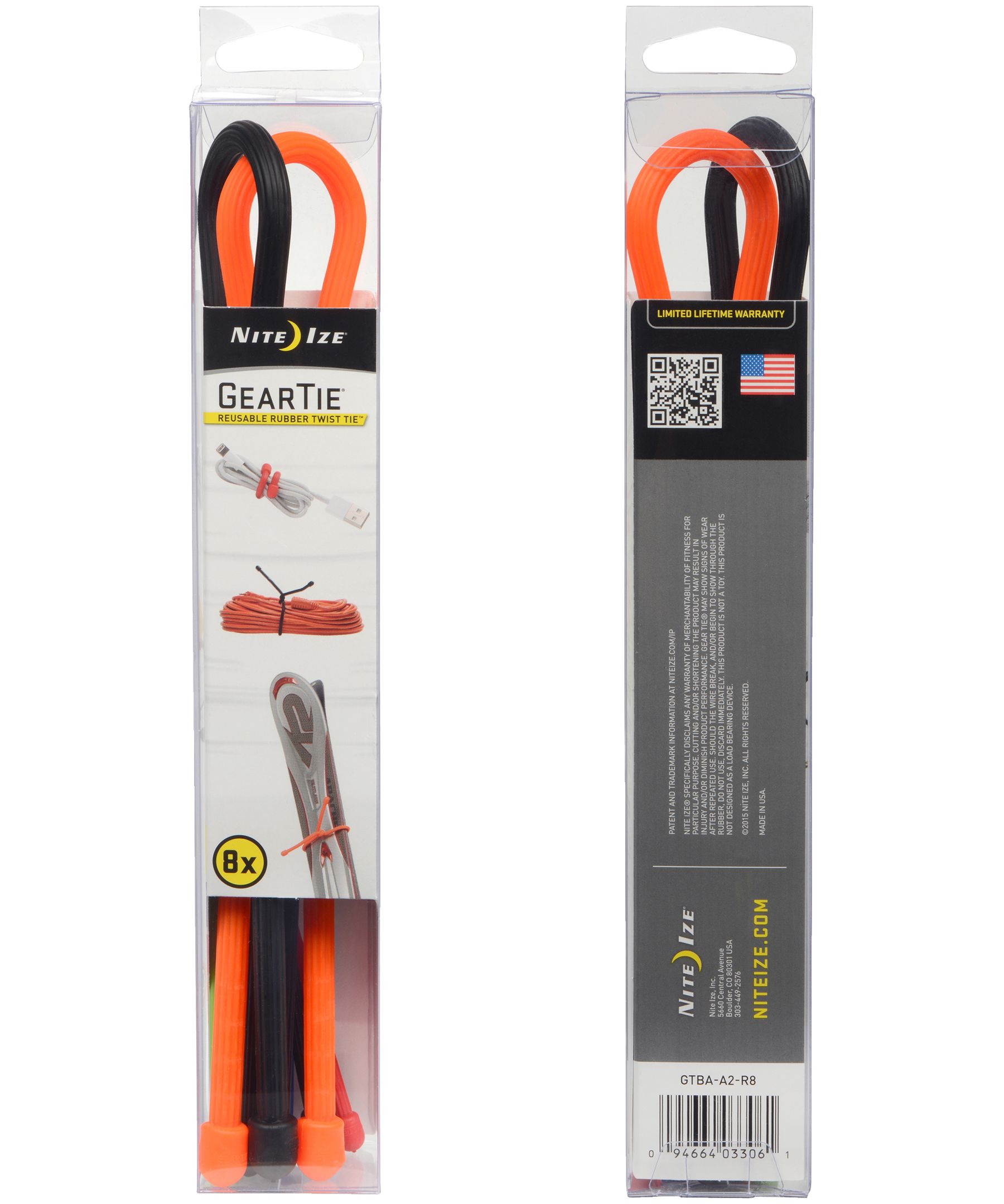 Attaches enroulable et réutilisable de 8&nbsp;pouces en caoutchouc, paquet assorti de 8, Gear Tie, Nite Ize