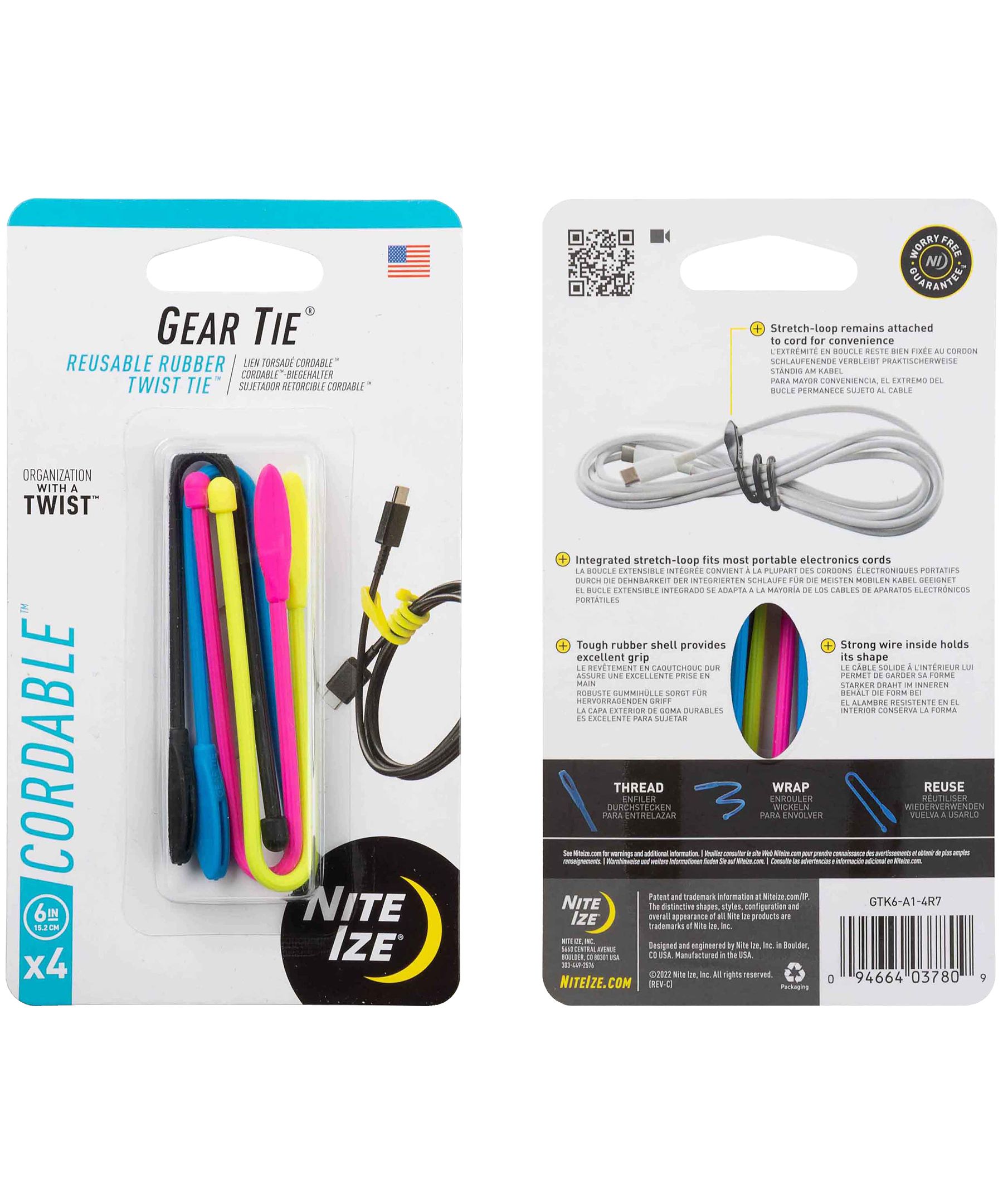 Lien torsadé de 6&nbsp;pouces Gear Tie Cordable, paquet de 4, assortis, Nite Ize