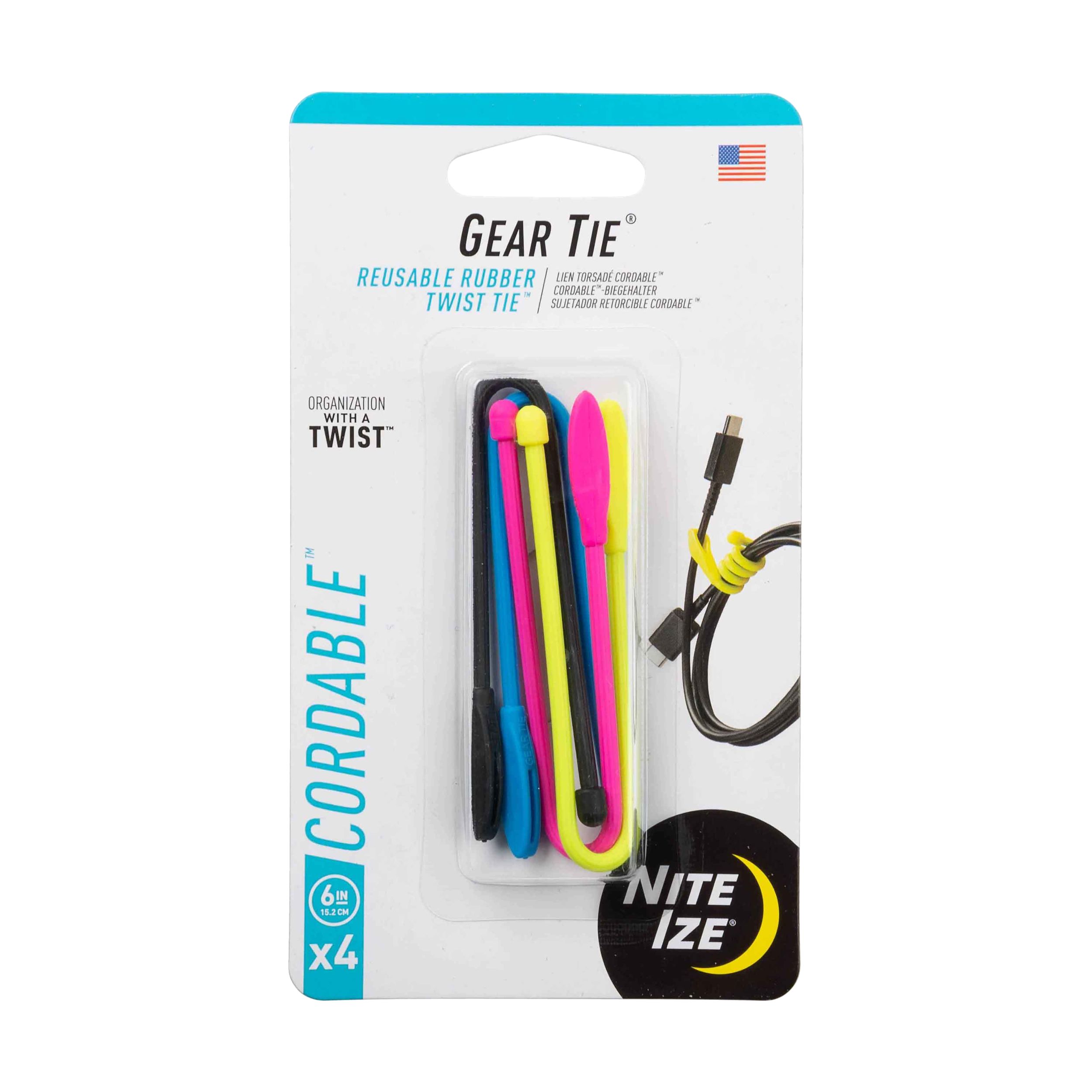 Lien torsadé de 6&nbsp;pouces Gear Tie Cordable, paquet de 4, assortis, Nite Ize