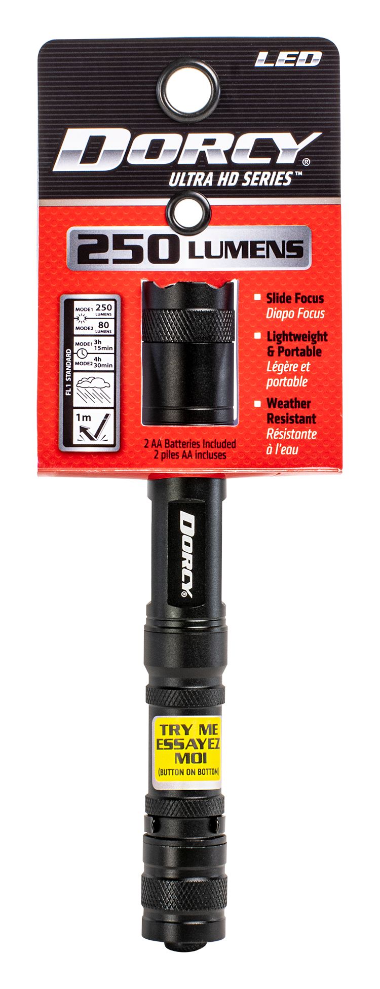 Lampe de poche en aluminium à zoom coulissant, Dorcy, 250&nbsp;lumens, 2&nbsp;piles&nbsp;AA Front_Flat