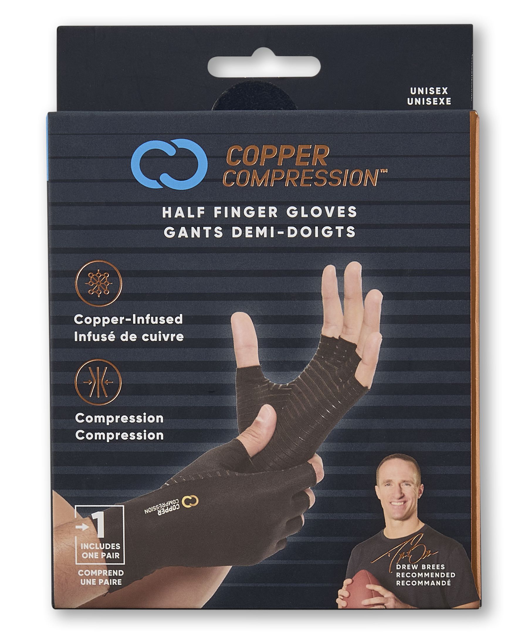 Gants demi-doigts pour l'arthrite pour hommes, Copper Compression