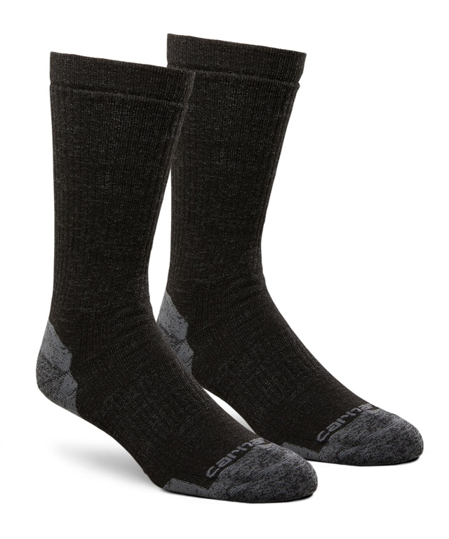 Mi-chaussettes de travail d’épaisseur moyenne en mélange de laine mérinos et de fibres synthétiques pour hommes, paquet de 2 paires, Carhartt Front_Angled_Right