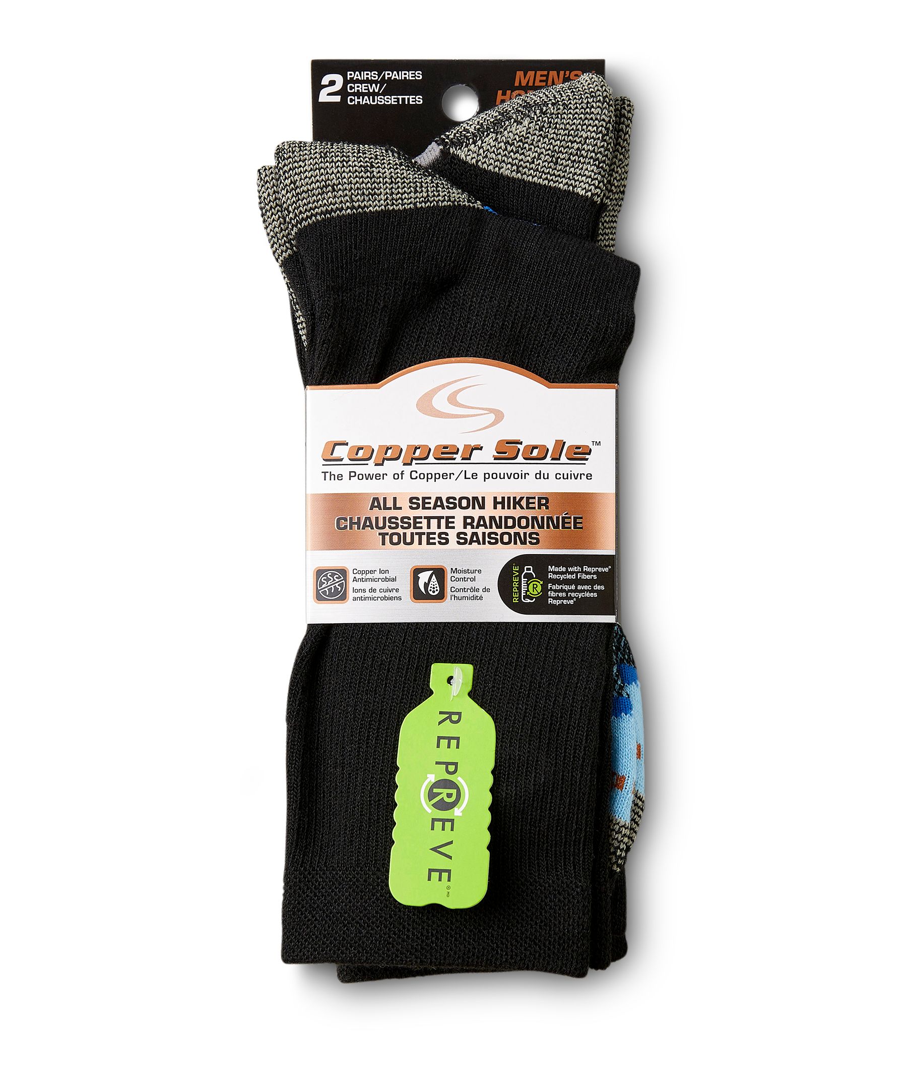 Mi-chaussettes de randonnée avec Moisture Guard pour hommes, Copper Sole, Repreve, paquet de 2&nbsp;paires