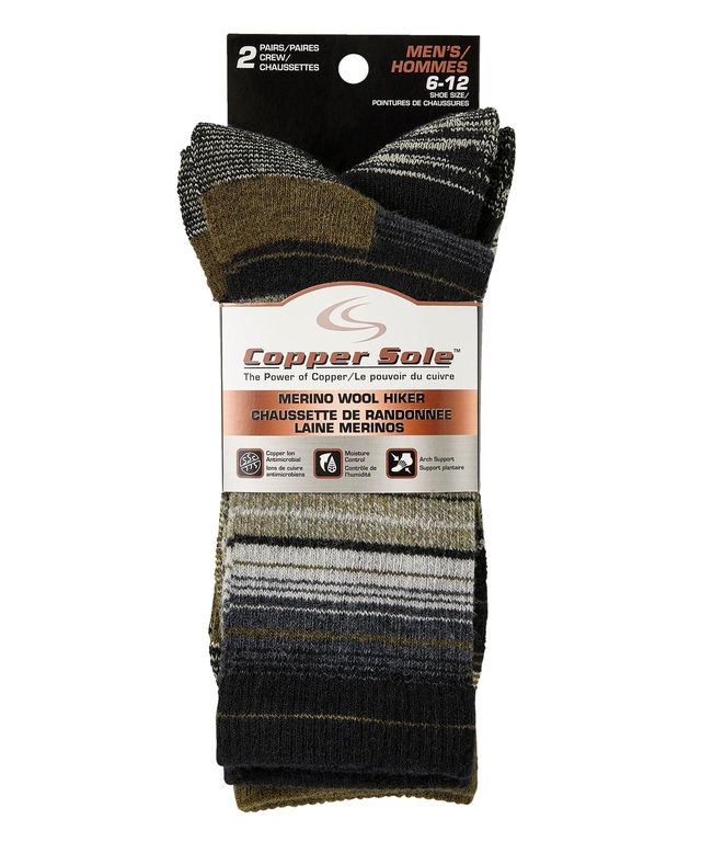 Copper Sole Men's 2 Pack Merino Wool Hiker Crew Socks Marks