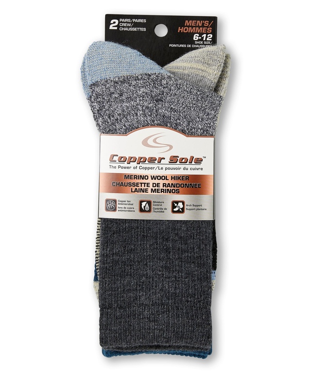 Copper Sole Men's 2 Pack Merino Wool Crew Socks Marks