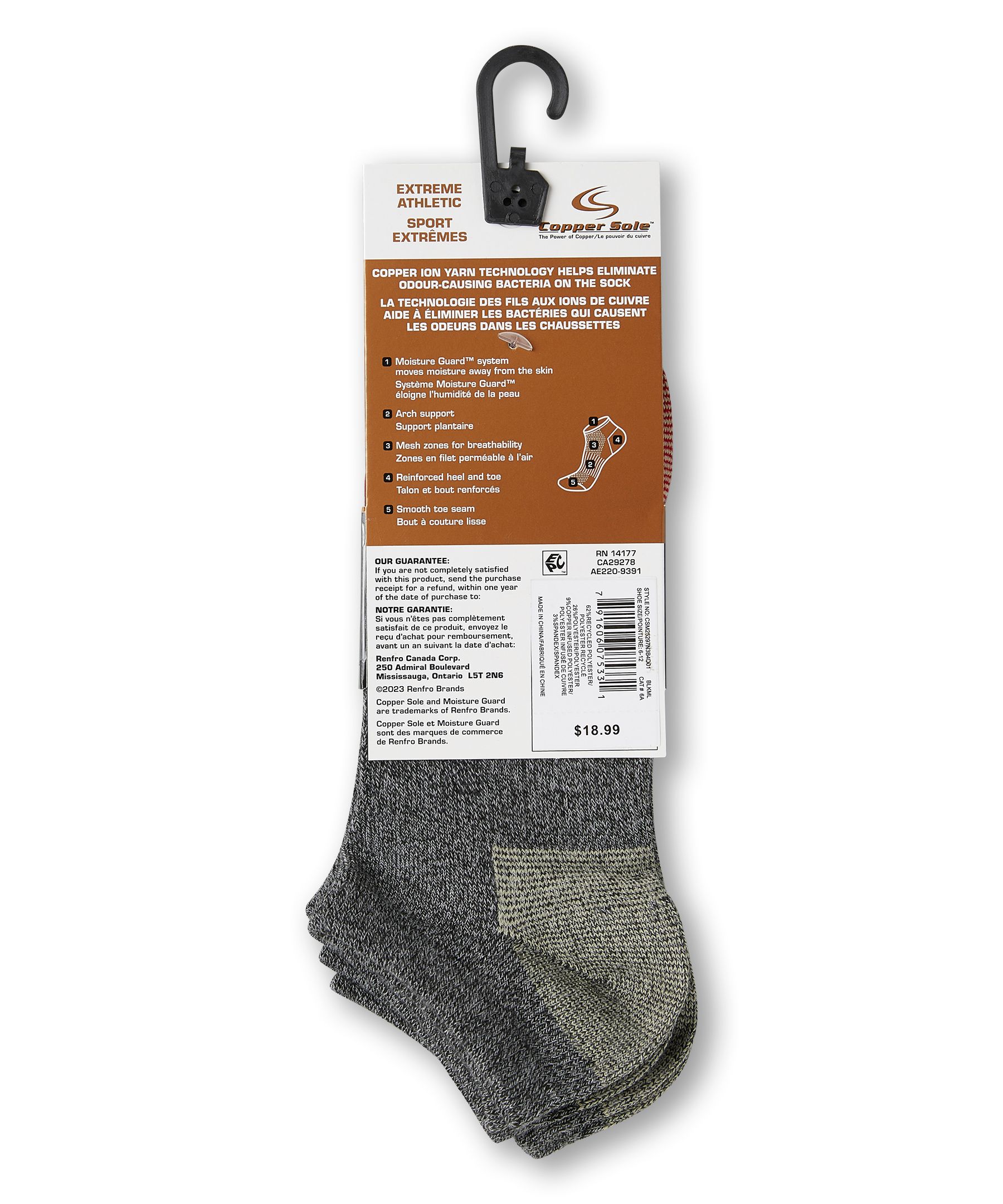 Chaussettes basses pour femmes, Extreme Athletic, Copper Sole, paquet de 3&nbsp;paires
