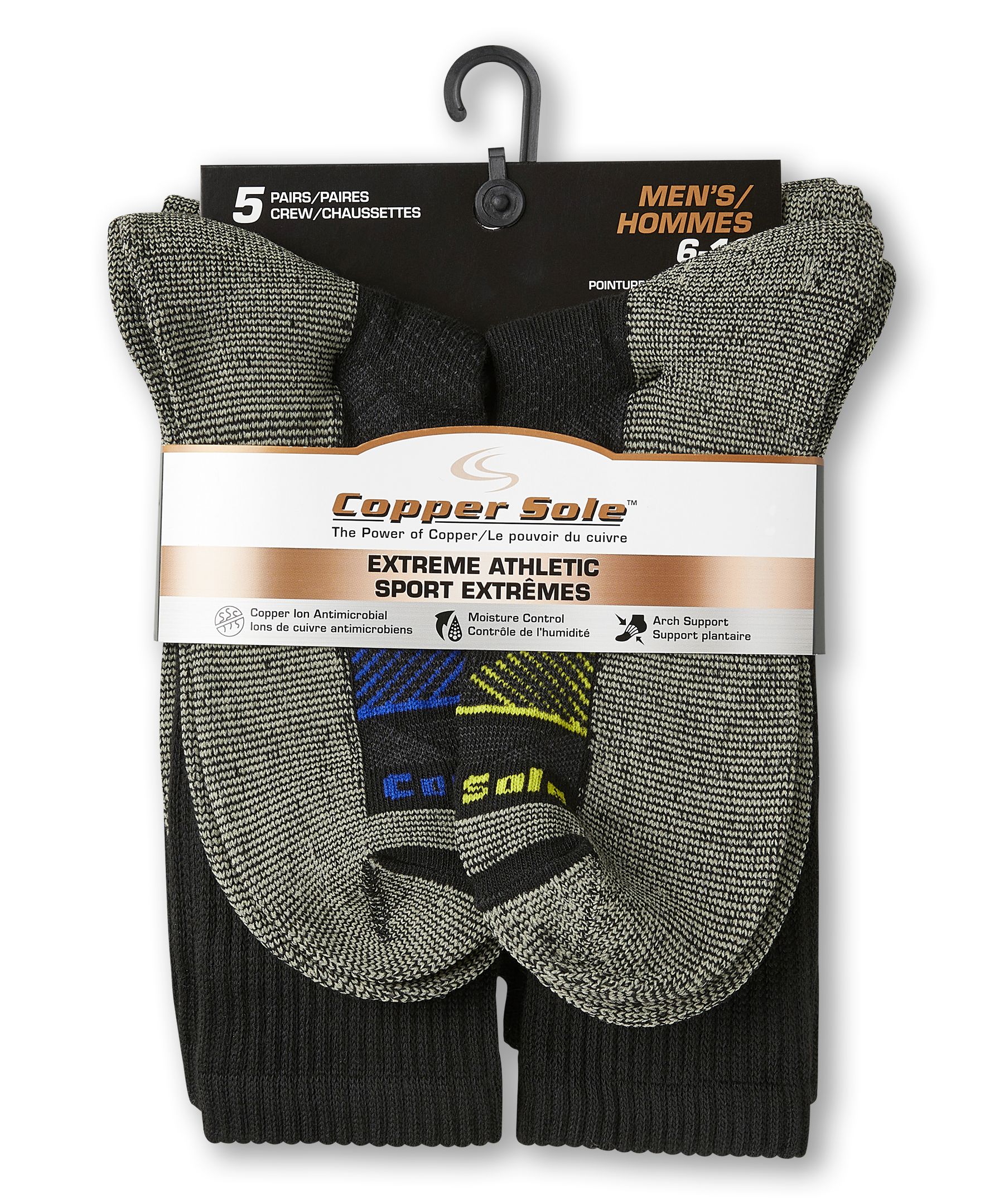 Mi-chaussettes pour hommes, Extreme Athletic, Copper Sole, paquet de 5&nbsp;paires