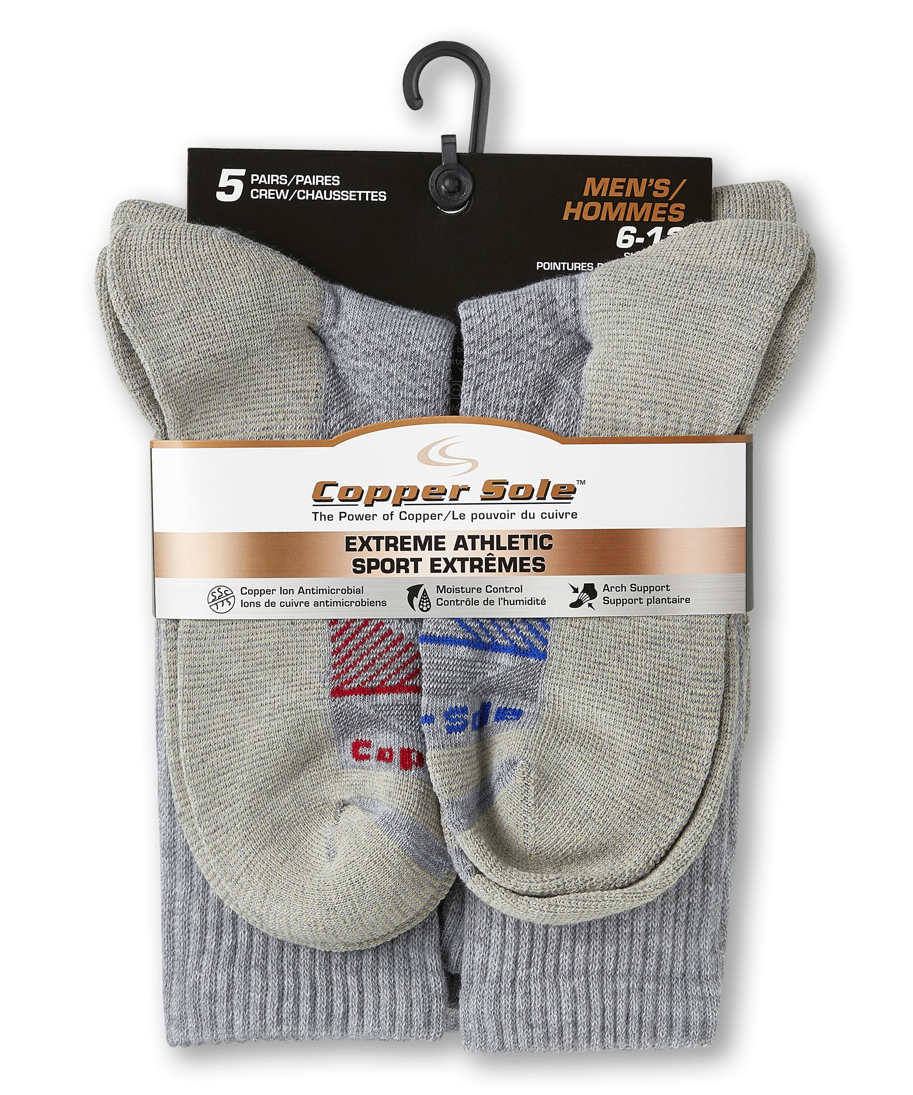 Copper Sole Men's 5 Pack Extreme Atheletic Crew Socks