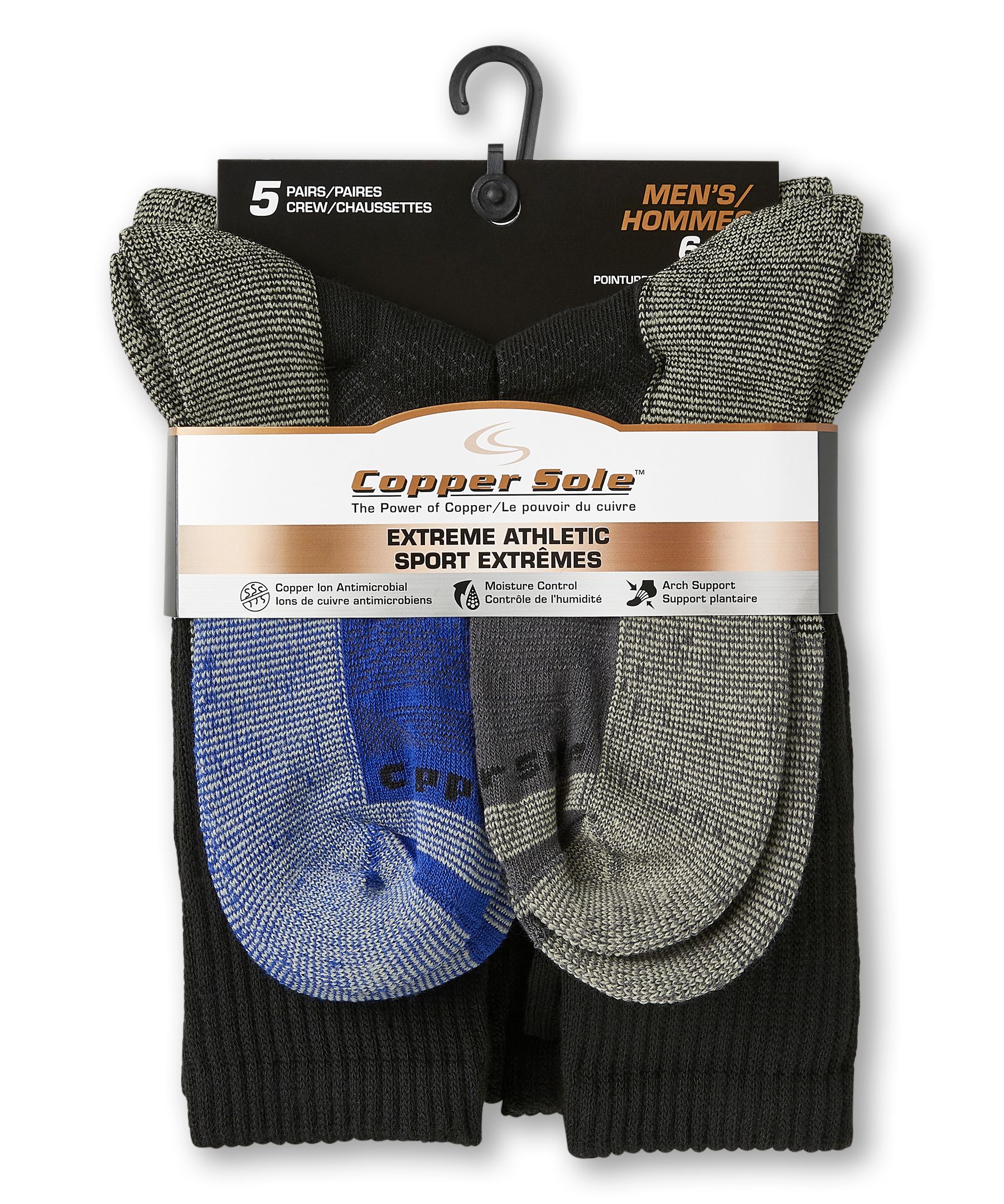 Copper Sole Men's 5 Pack Extreme Atheletic Crew Socks