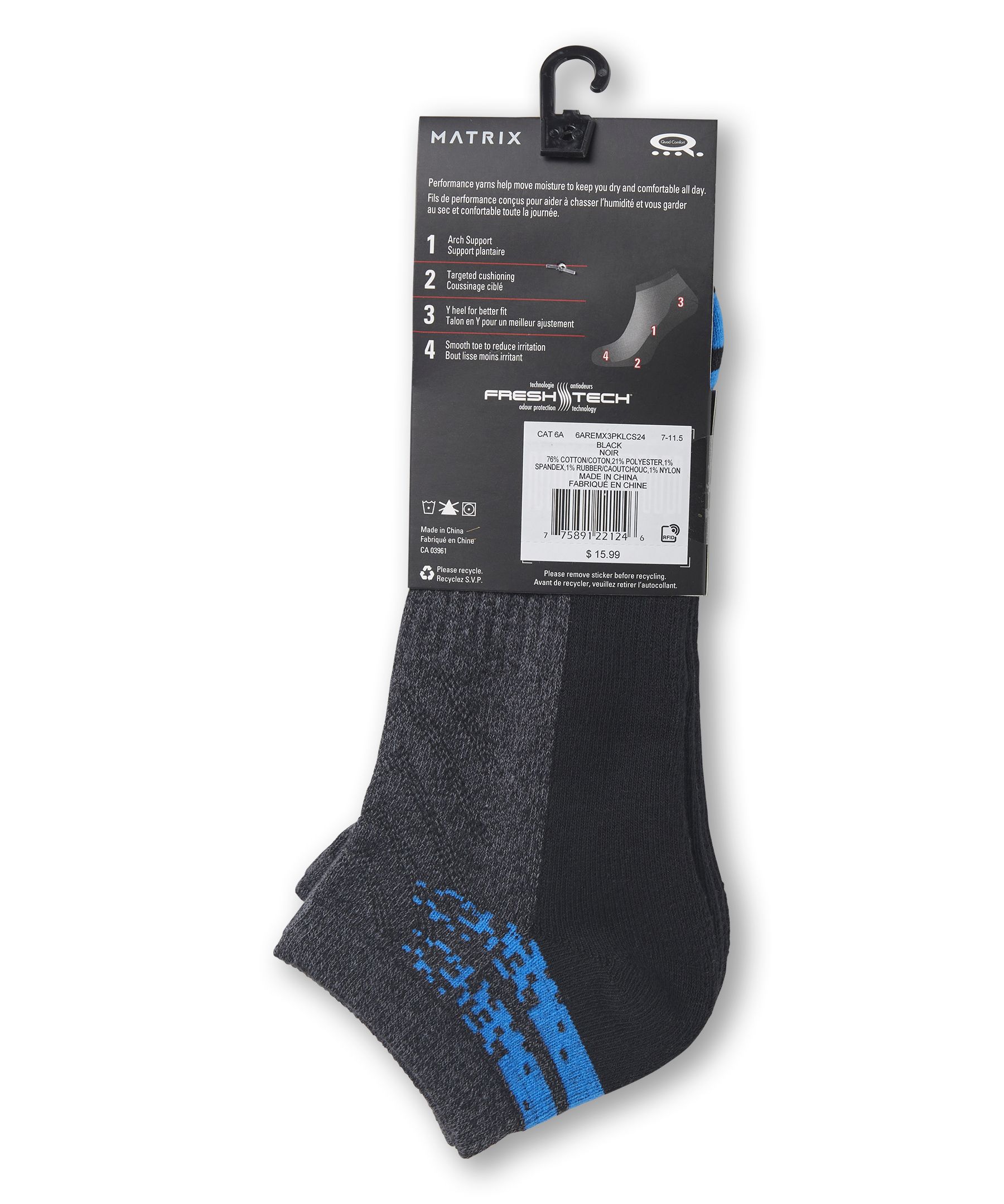 Chaussettes de sport basses rembourrées avec FreshTech pour hommes, Matrix, 3&nbsp;paires