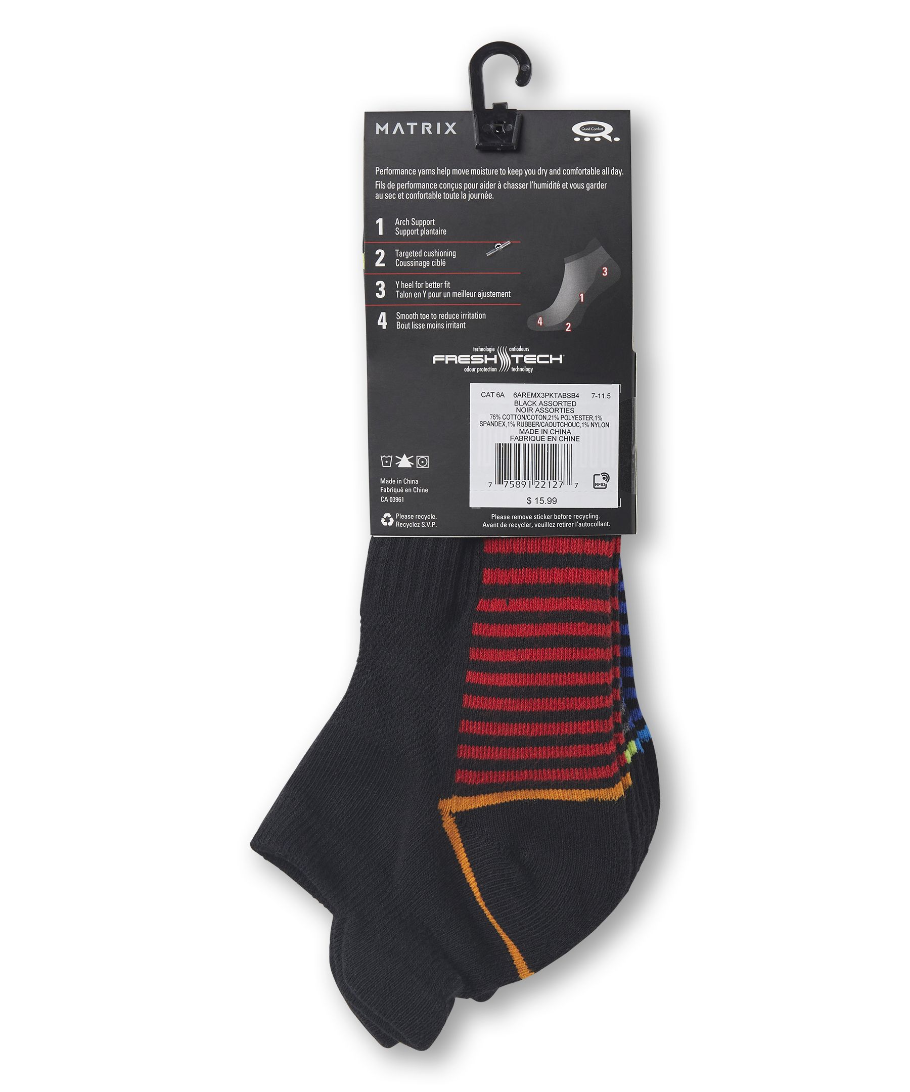 Chaussettes de sport basses à patte avec FreshTech pour hommes, Matrix, 3&nbsp;paires