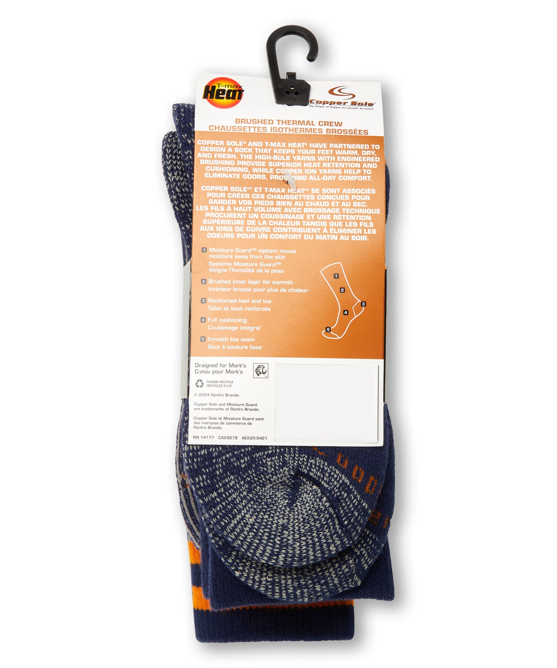 Mi-chaussettes isothermes brossées T-MAX HEATMD pour hommes, Copper Sole, paquet de 2