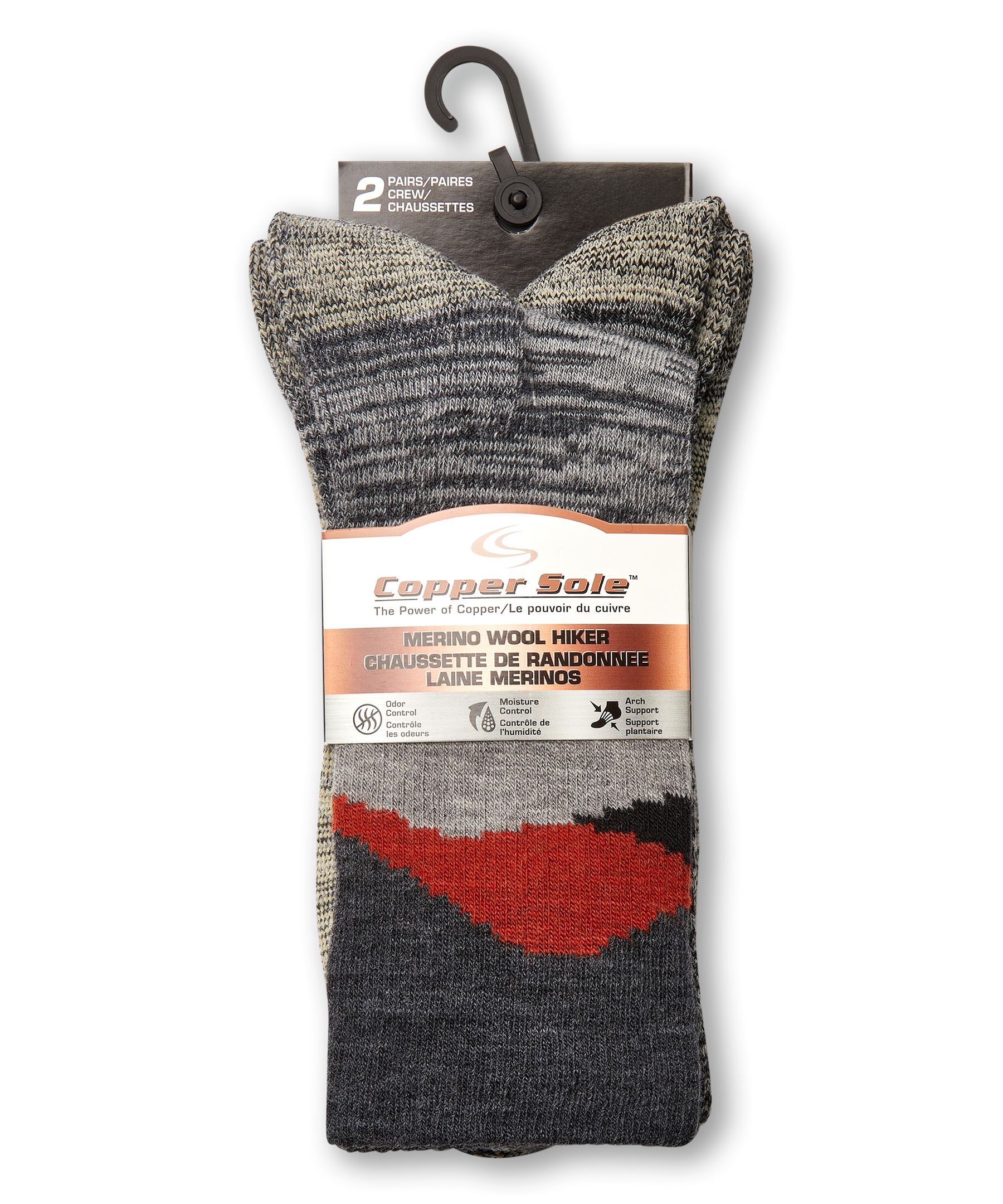 Copper Sole Men's Merino Wool Crew Socks, 2 Pack