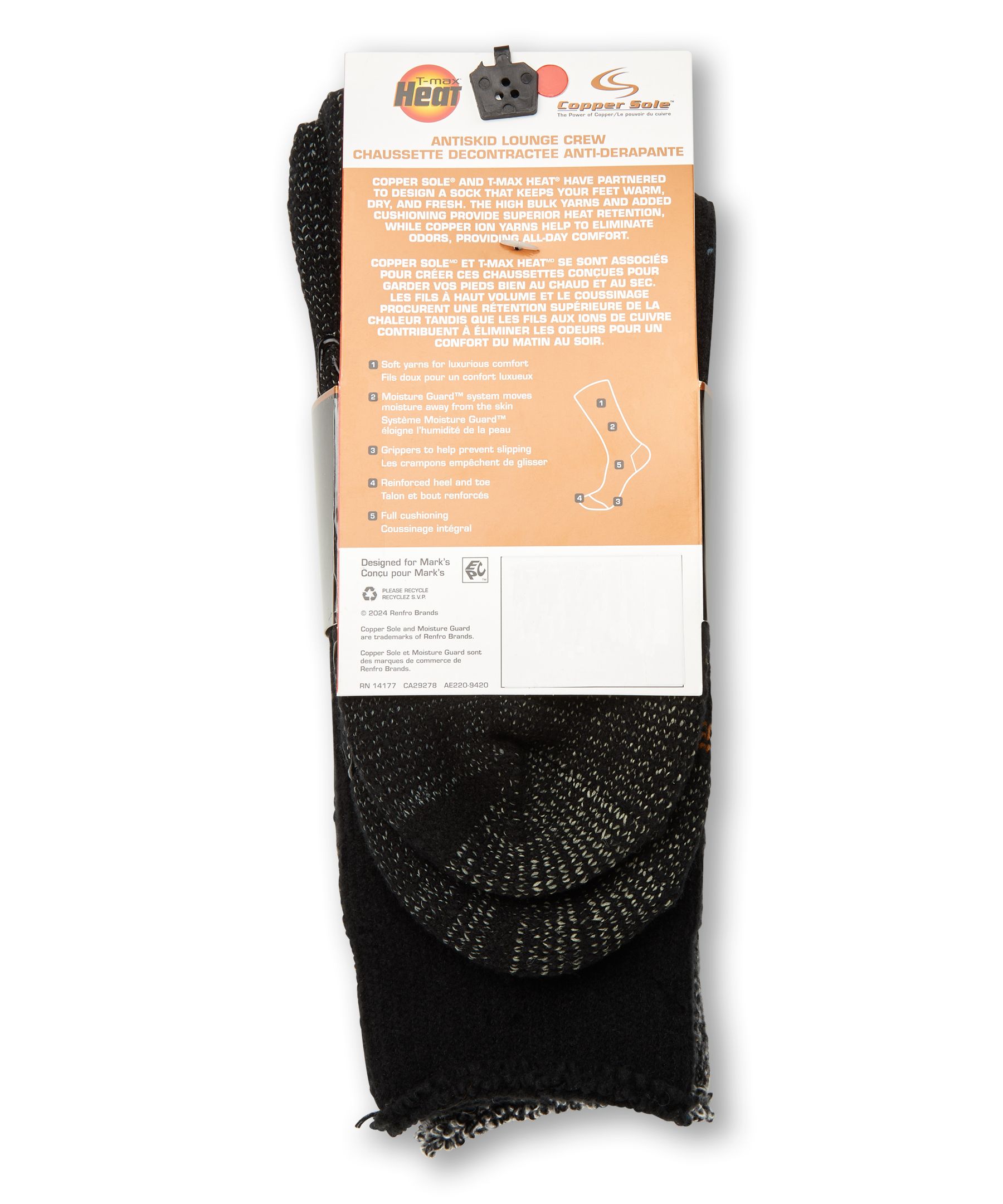 Mi-chaussettes de détente antidérapantes T-MAX HEATMD pour hommes, Copper Sole, paquet de 2