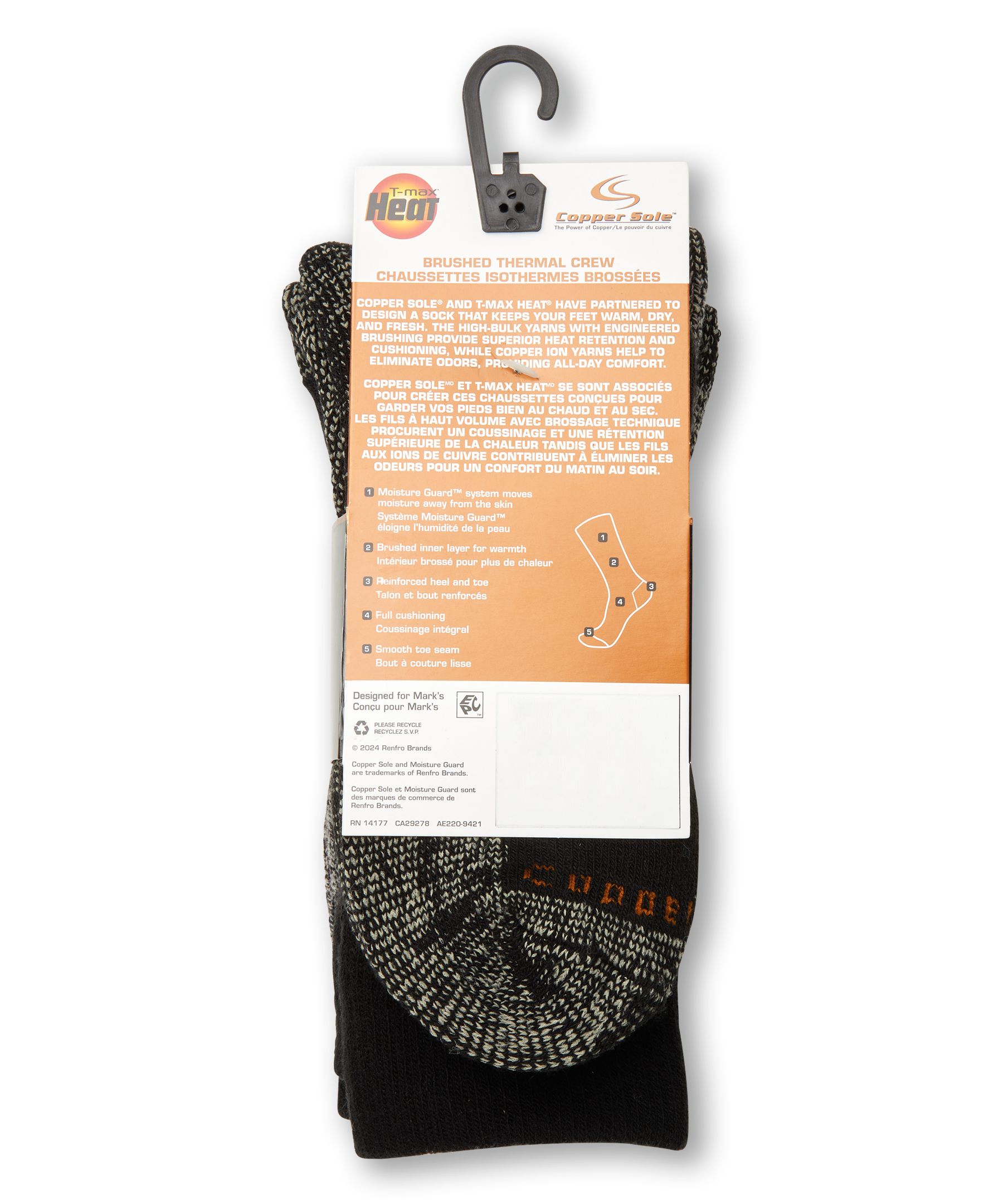 Mi-chaussettes isothermes brossées T-MAX HEATMD pour hommes, Copper Sole, paquet de 2