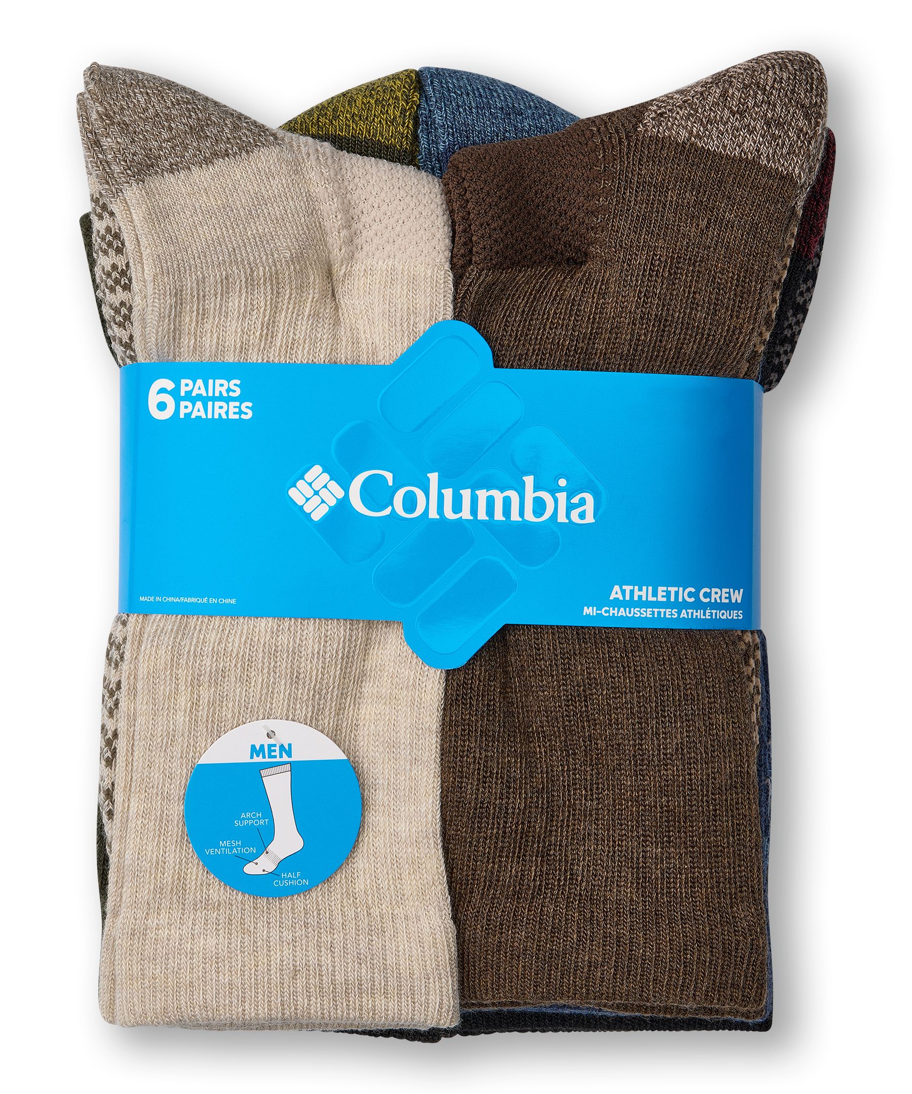 Mi-chaussettes de sport pour hommes, Columbia, paquet de 6&nbsp;paires