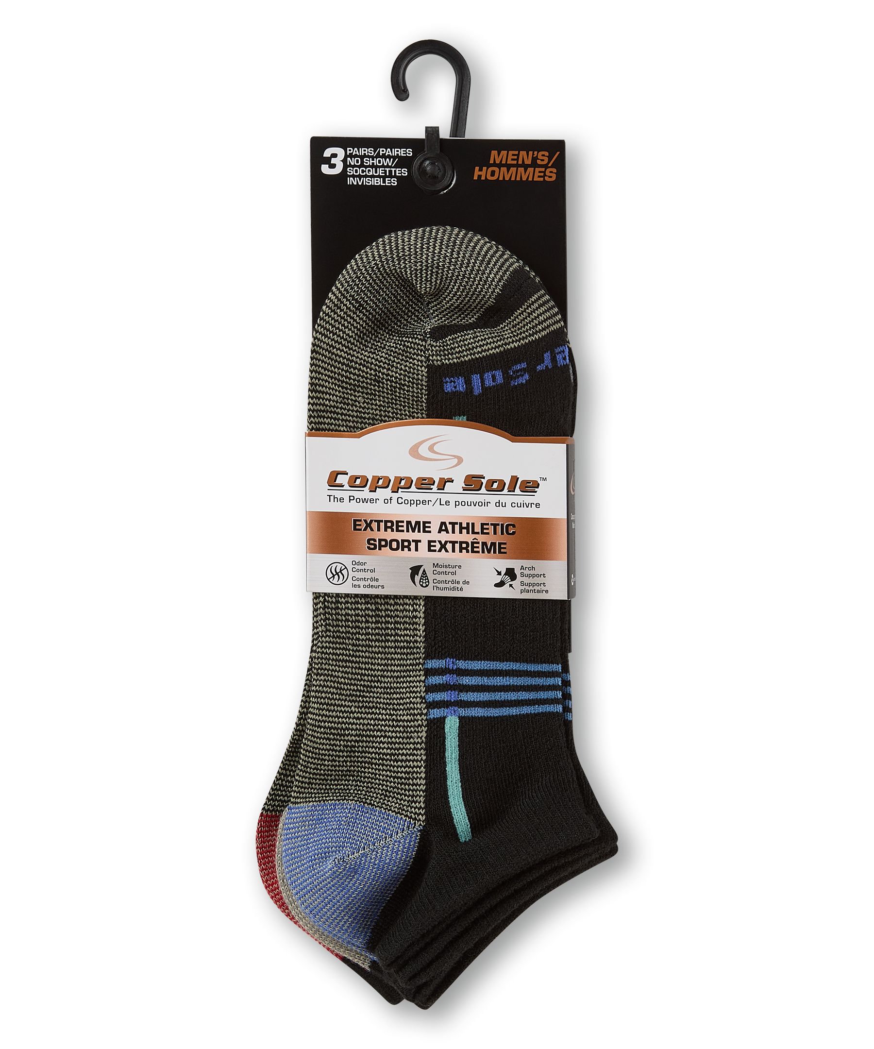 Copper Sole Men's 3 pk Extreme Athletic No Show Socks
