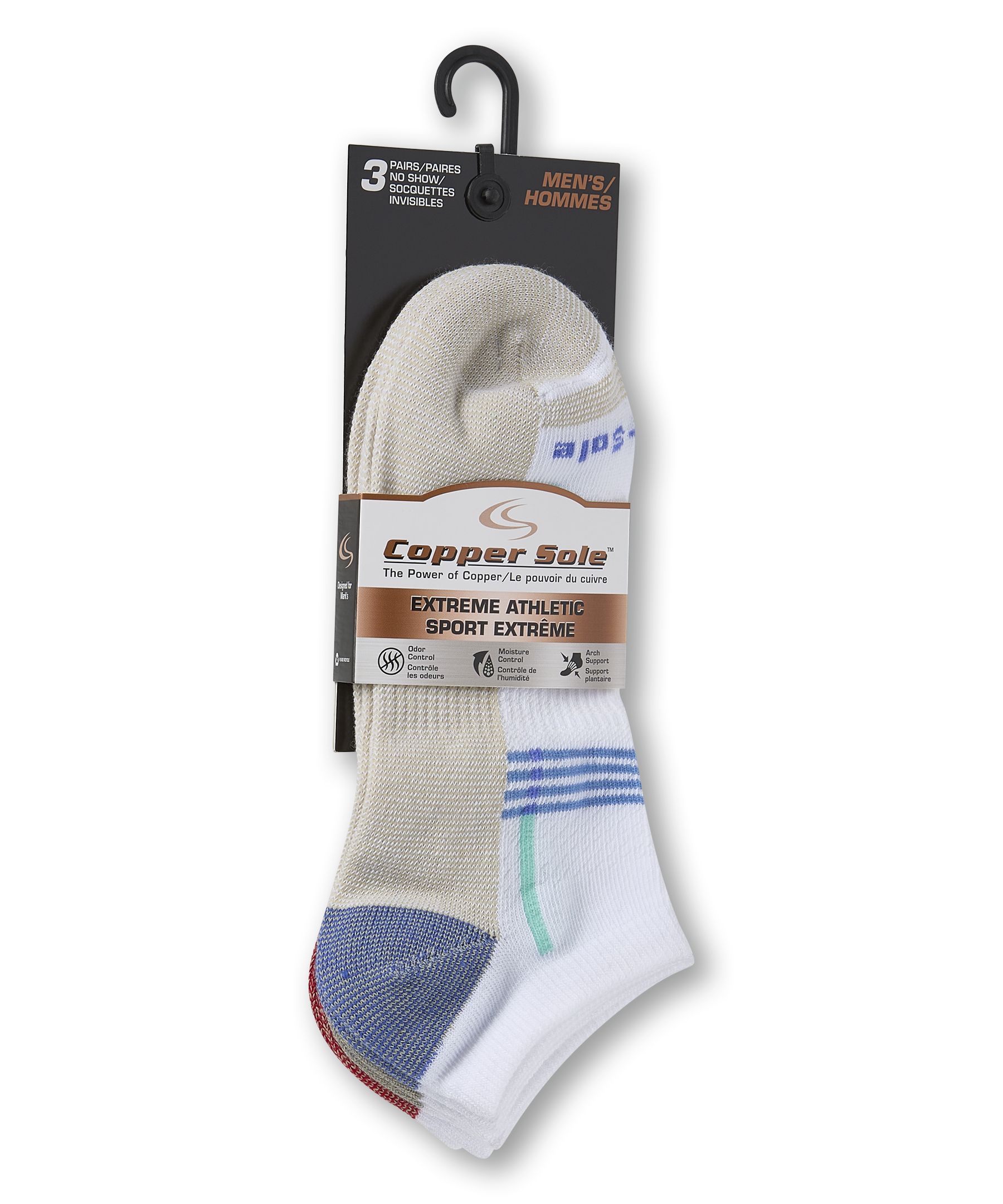 Chaussettes invisibles pour hommes, Extreme Athletic, Copper Sole, paquet de 3 paires