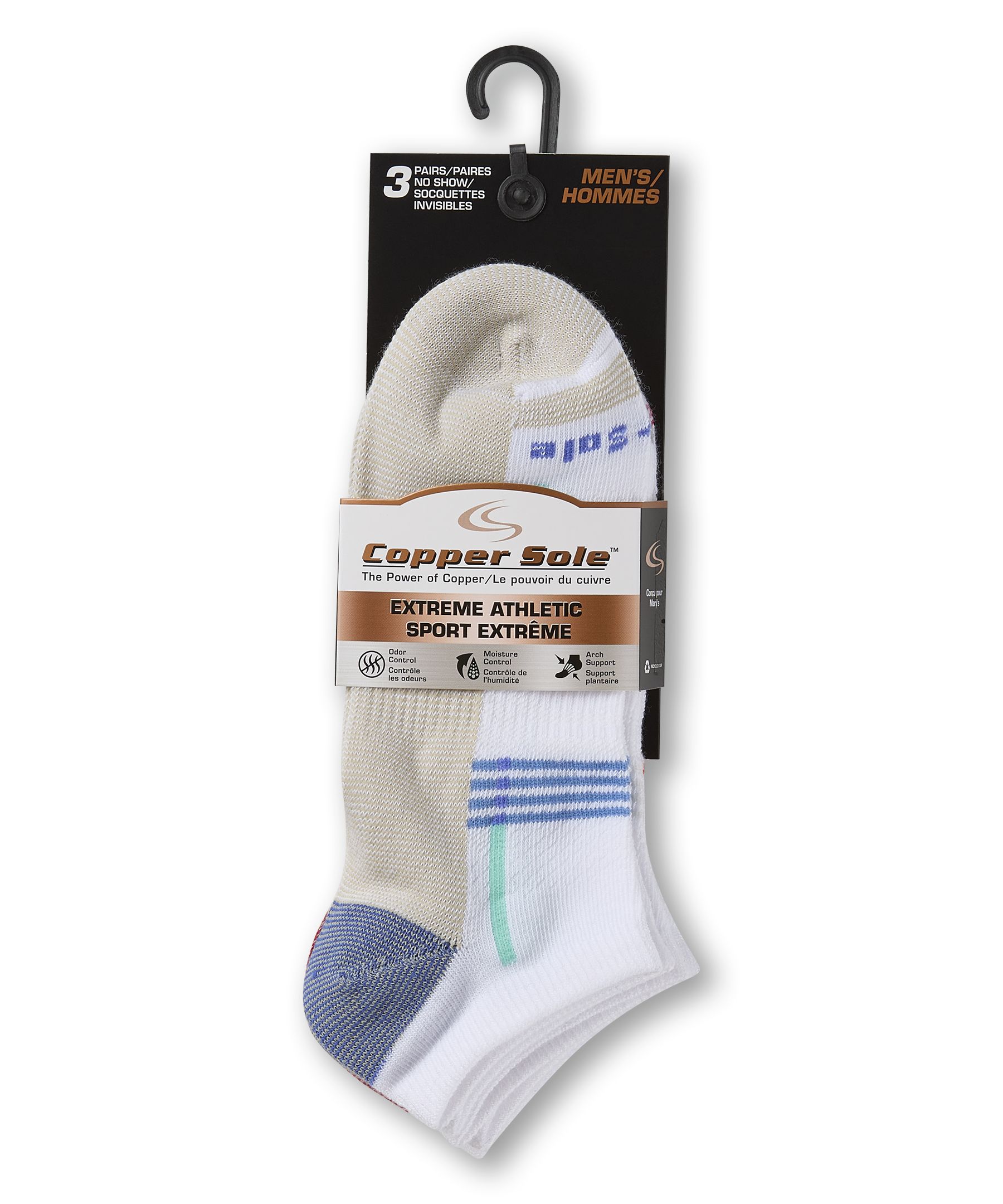 Chaussettes invisibles pour hommes, Extreme Athletic, Copper Sole, paquet de 3 paires