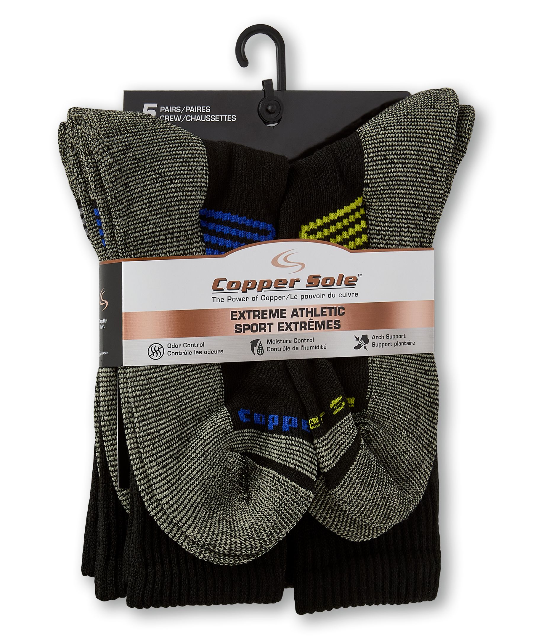 Chaussettes mi-mollet pour hommes, Extreme Athletic, Copper Sole, paquet de 5 paires