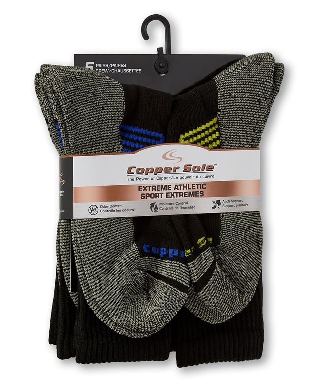 Copper Sole Men's 5 pk Extreme Athletic Crew Socks