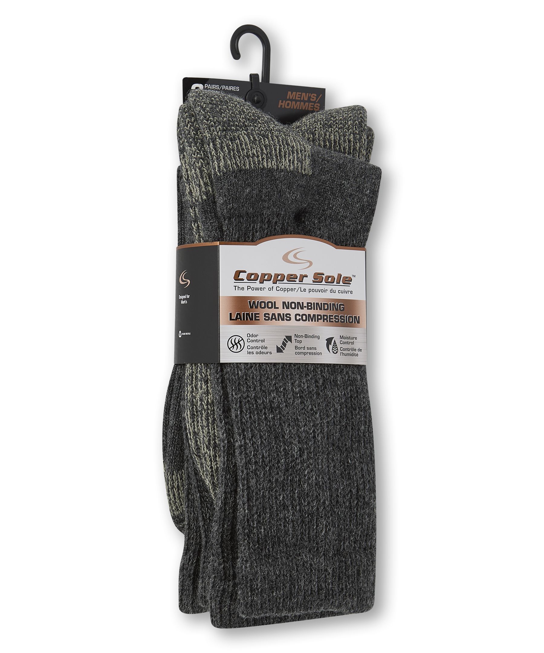 Chaussettes en laine sans compression pour hommes, Copper Sole, paquet de 2 paires
