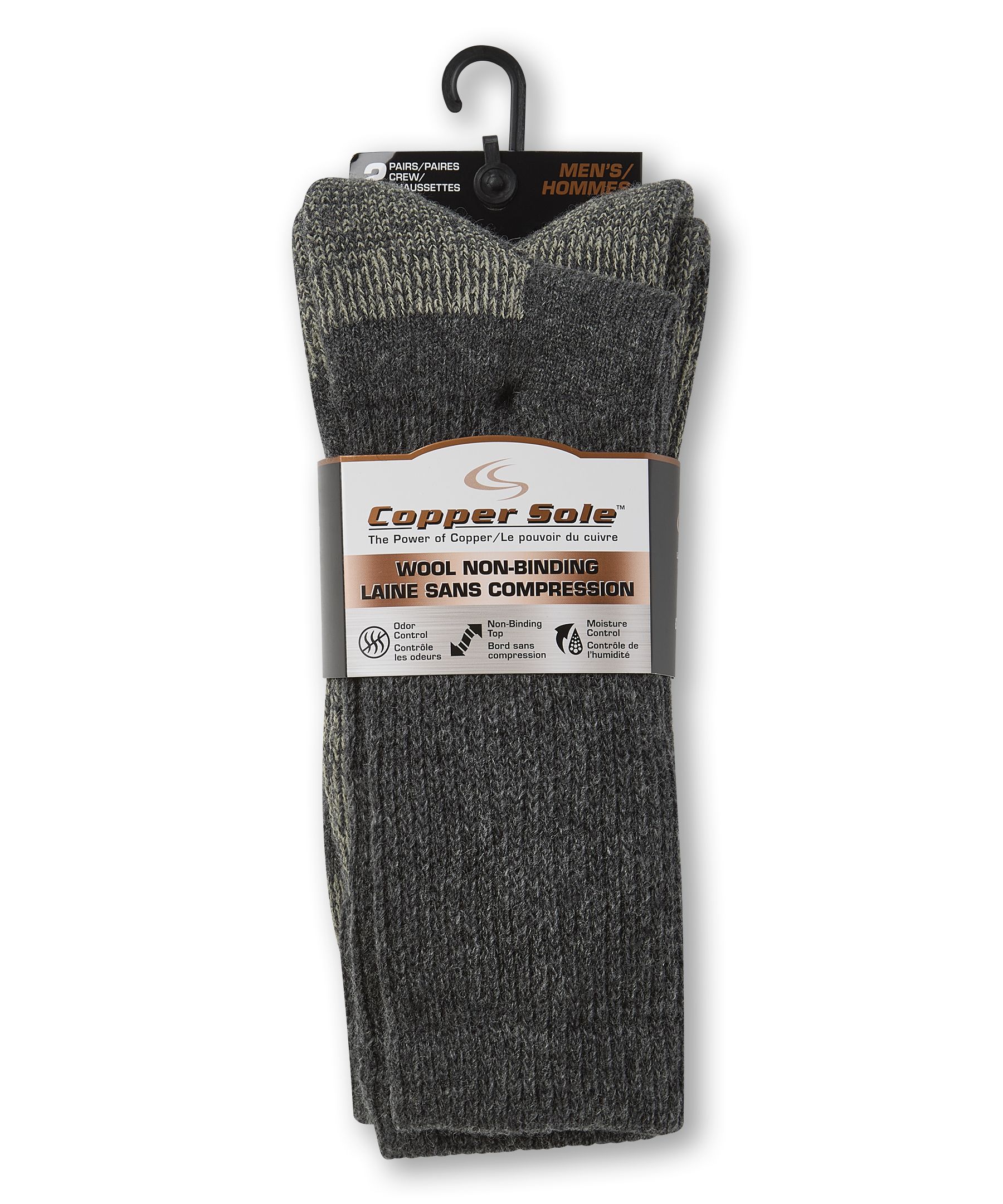 Chaussettes en laine sans compression pour hommes, Copper Sole, paquet de 2 paires