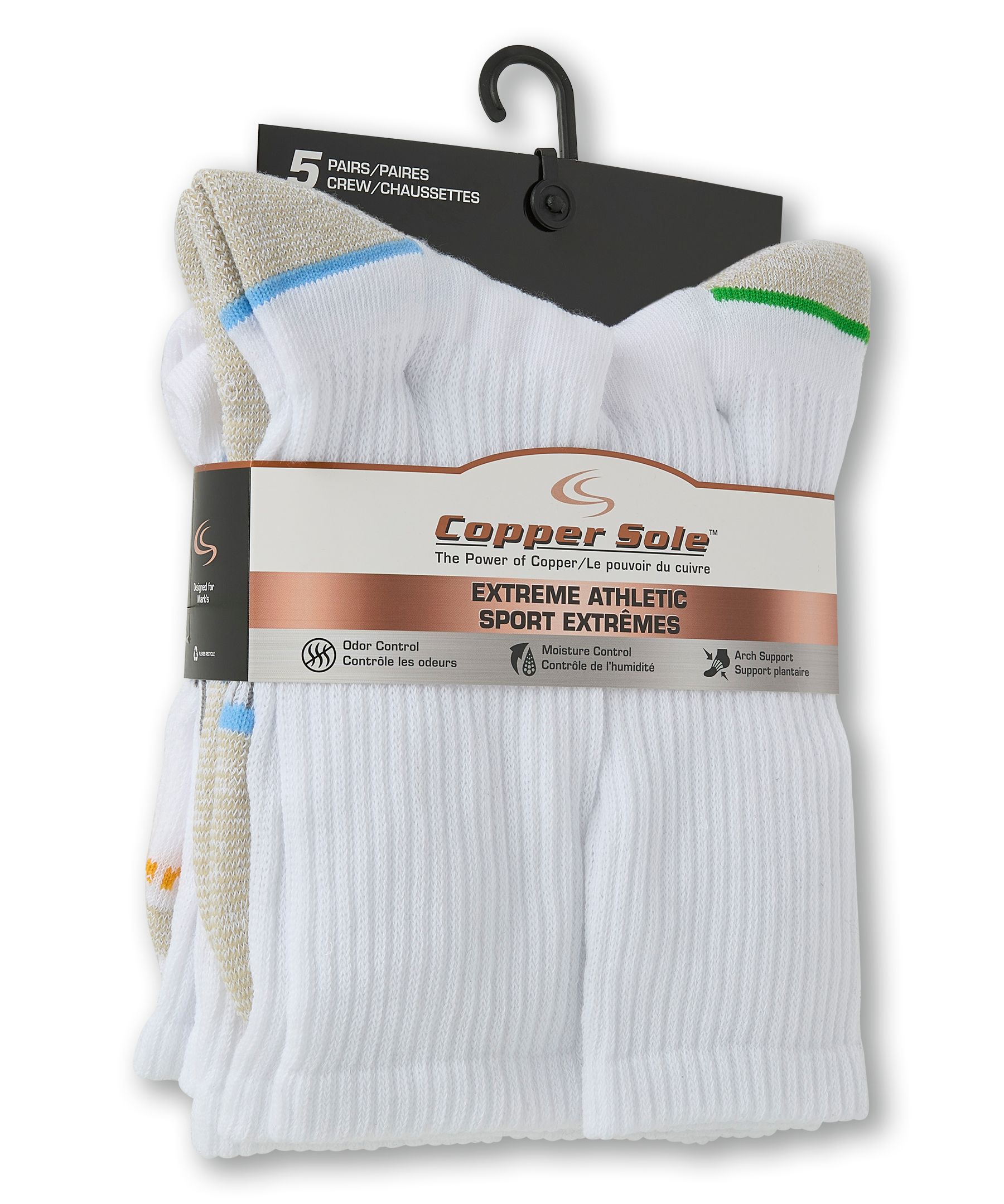 Copper Sole Men's 5 Pack Extremen Athletic Crew Socks