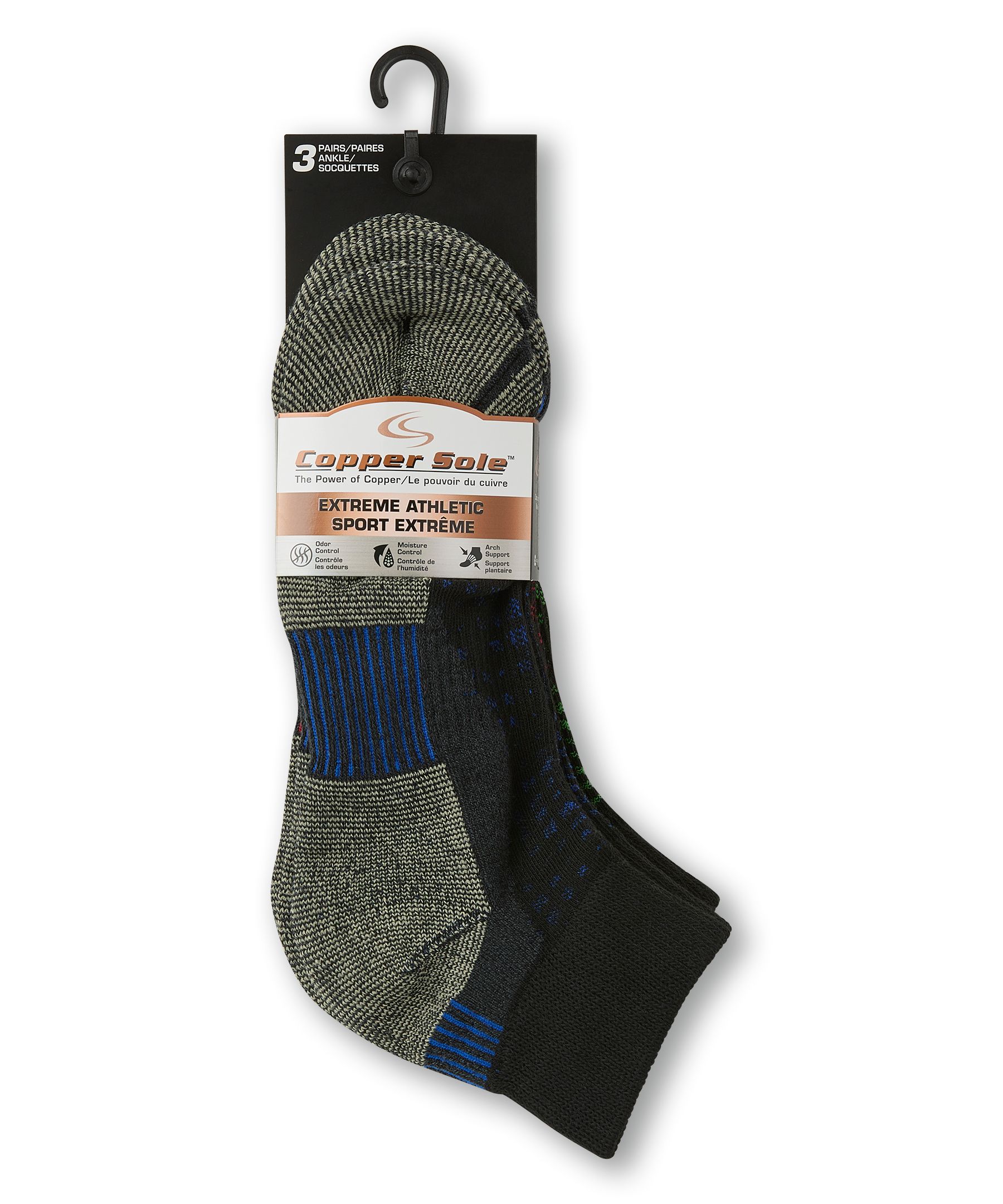 Copper Sole Men's Extreme Athletic Ankle Socks 3-pk