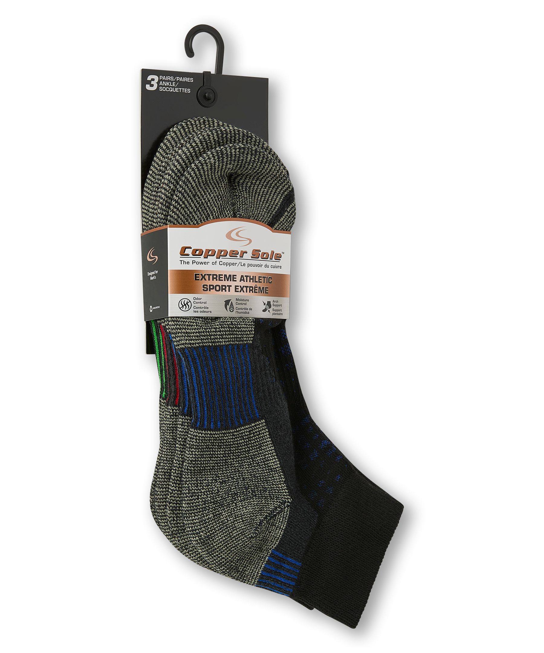 Copper Sole Men's Extreme Athletic Ankle Socks 3-pk