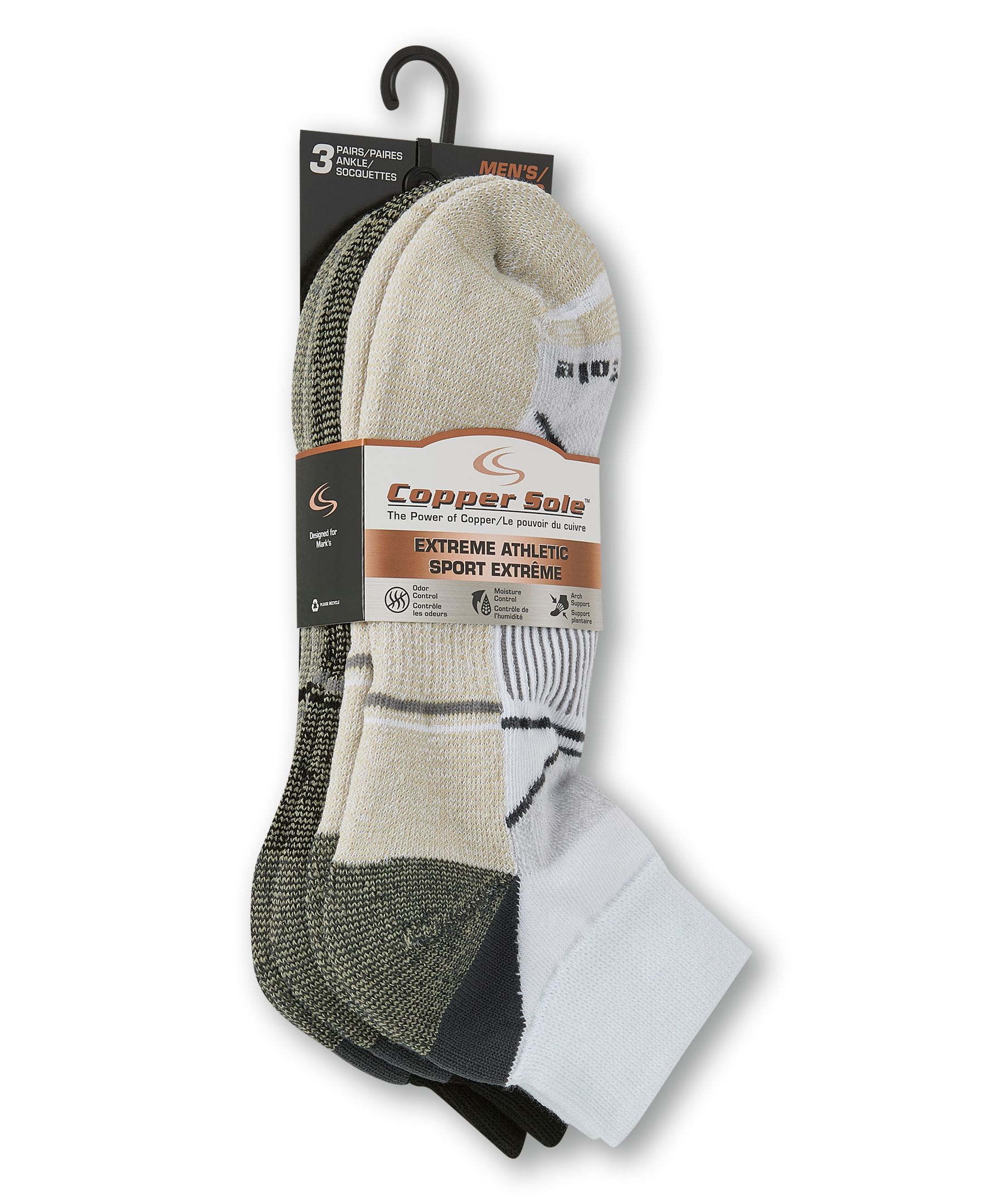 Copper Sole Men's Extreme Athletic Ankle Socks 3-pk
