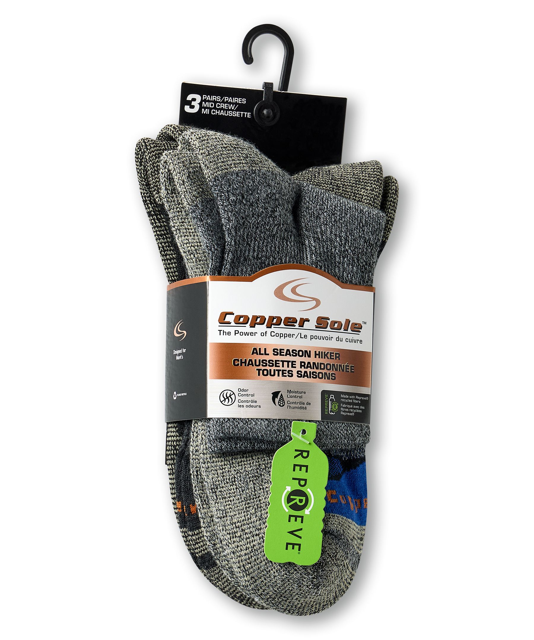 Mi-chaussettes de randonnée pour hommes, Copper Sole Men, paquet de 3&nbsp;paires