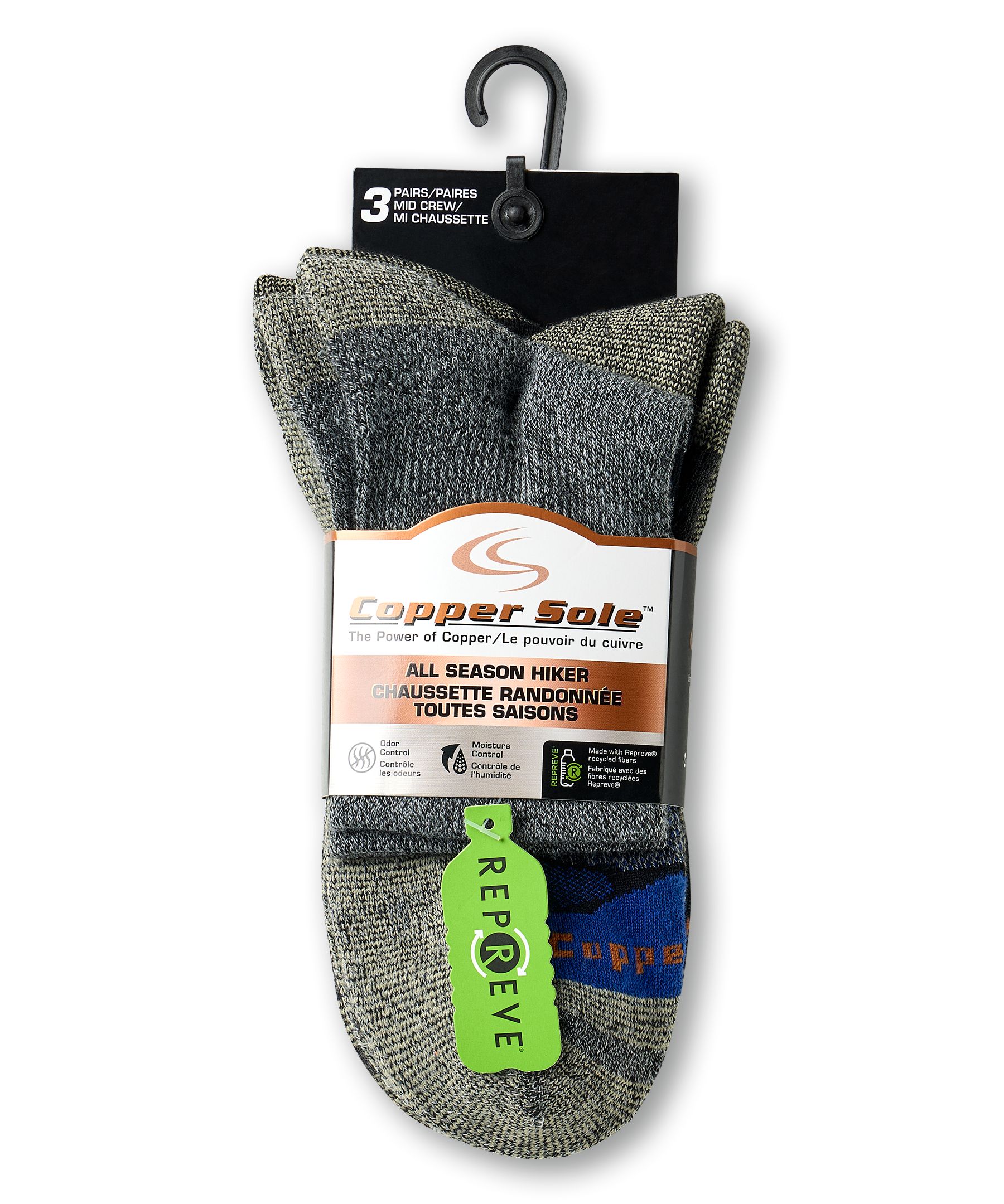 Mi-chaussettes de randonnée pour hommes, Copper Sole Men, paquet de 3&nbsp;paires