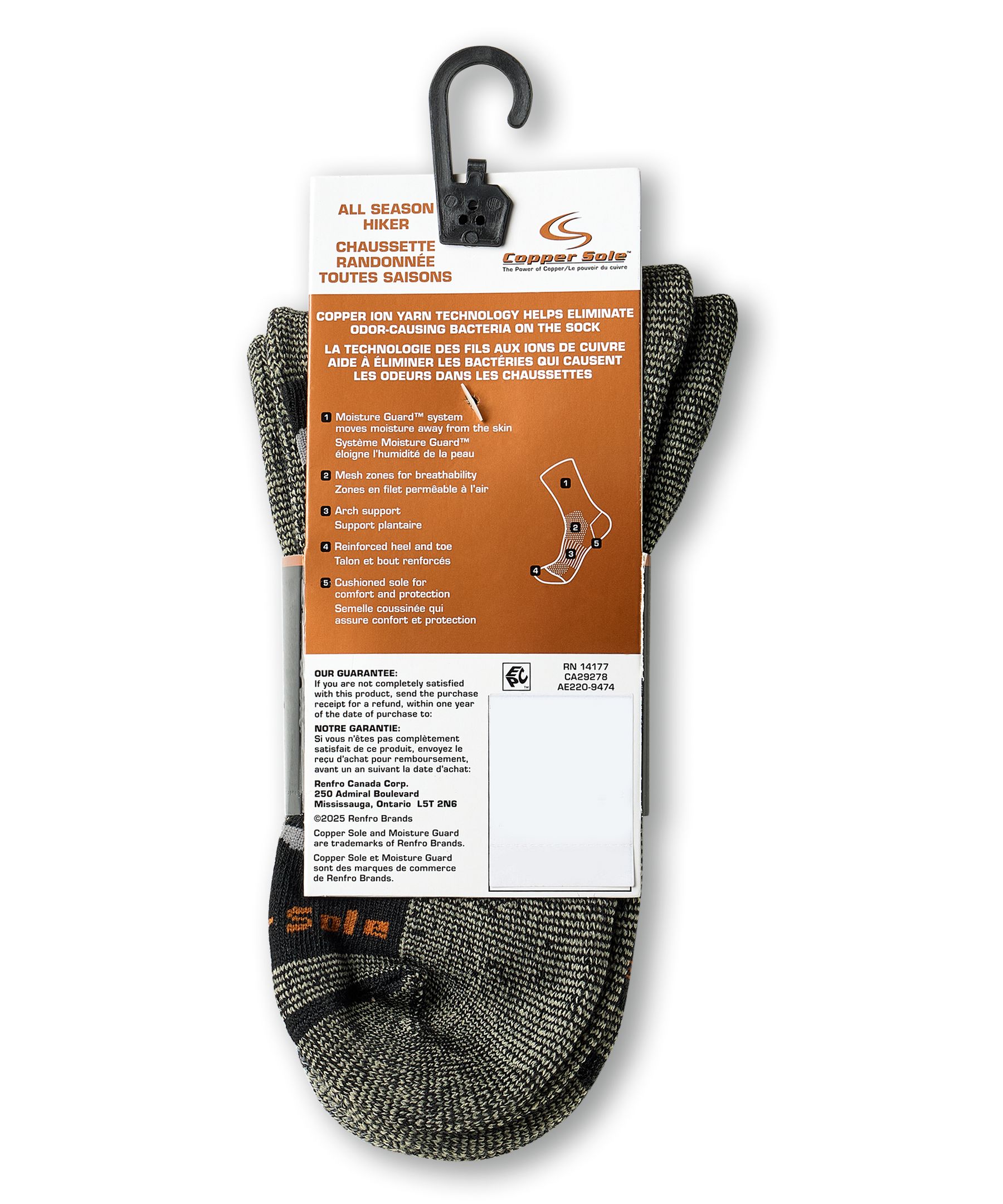 Mi-chaussettes de randonnée pour hommes, Copper Sole Men, paquet de 3&nbsp;paires