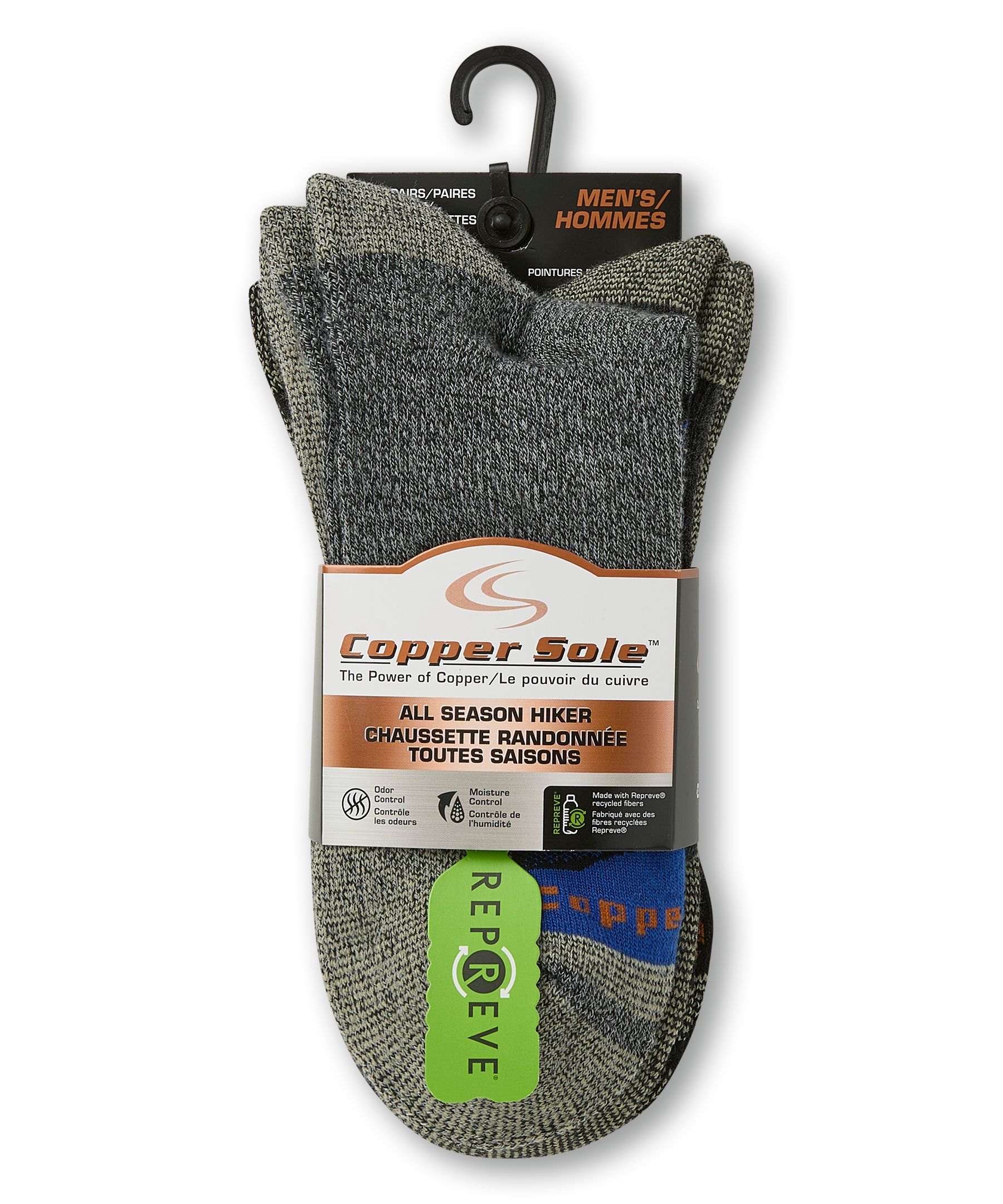 Mi-chaussettes de randonnée pour hommes, Repreve, Copper Sole, paquet de 3&nbsp;paires