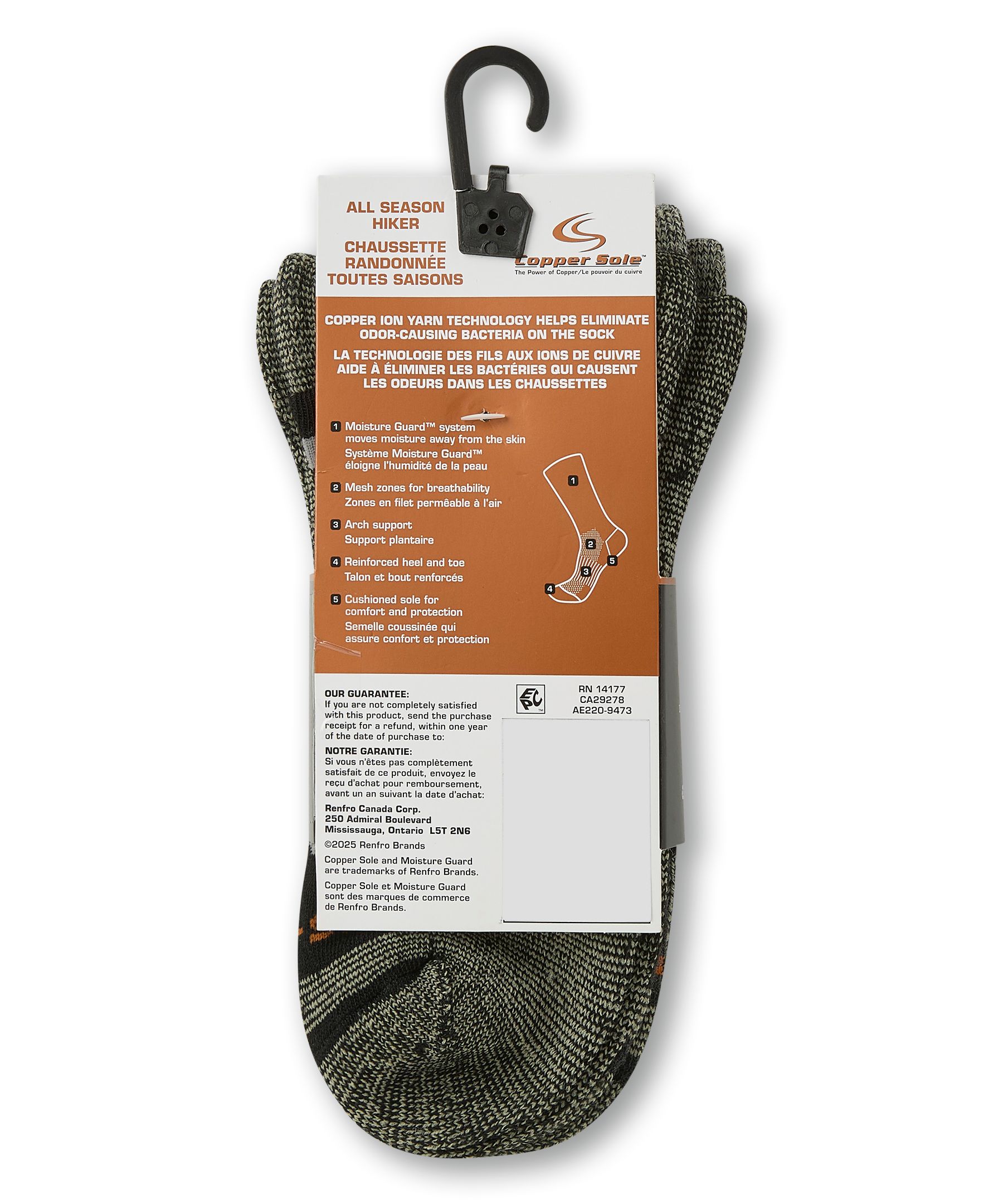 Mi-chaussettes de randonnée pour hommes, Repreve, Copper Sole, paquet de 3&nbsp;paires