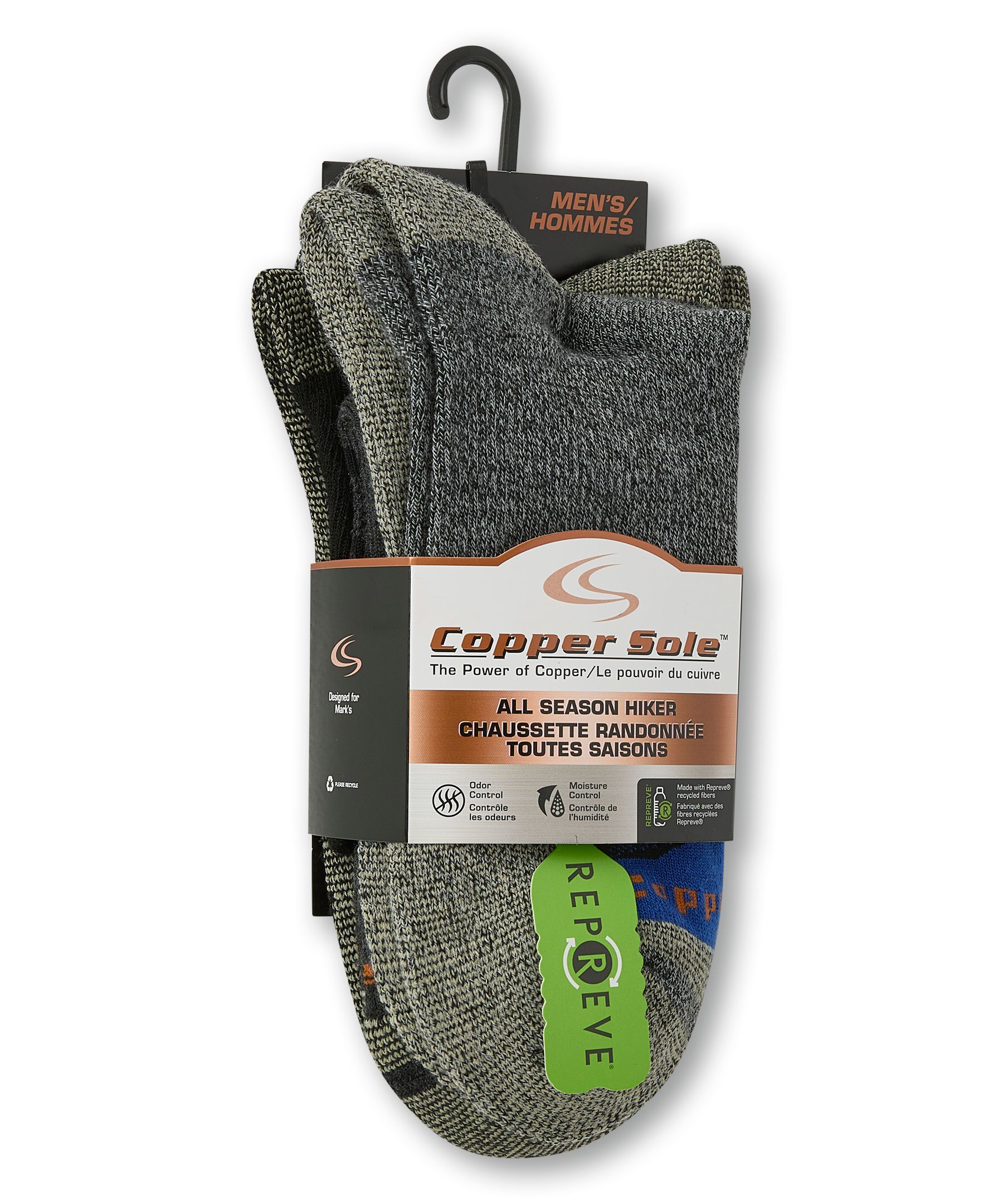 Mi-chaussettes de randonnée pour hommes, Repreve, Copper Sole, paquet de 3&nbsp;paires