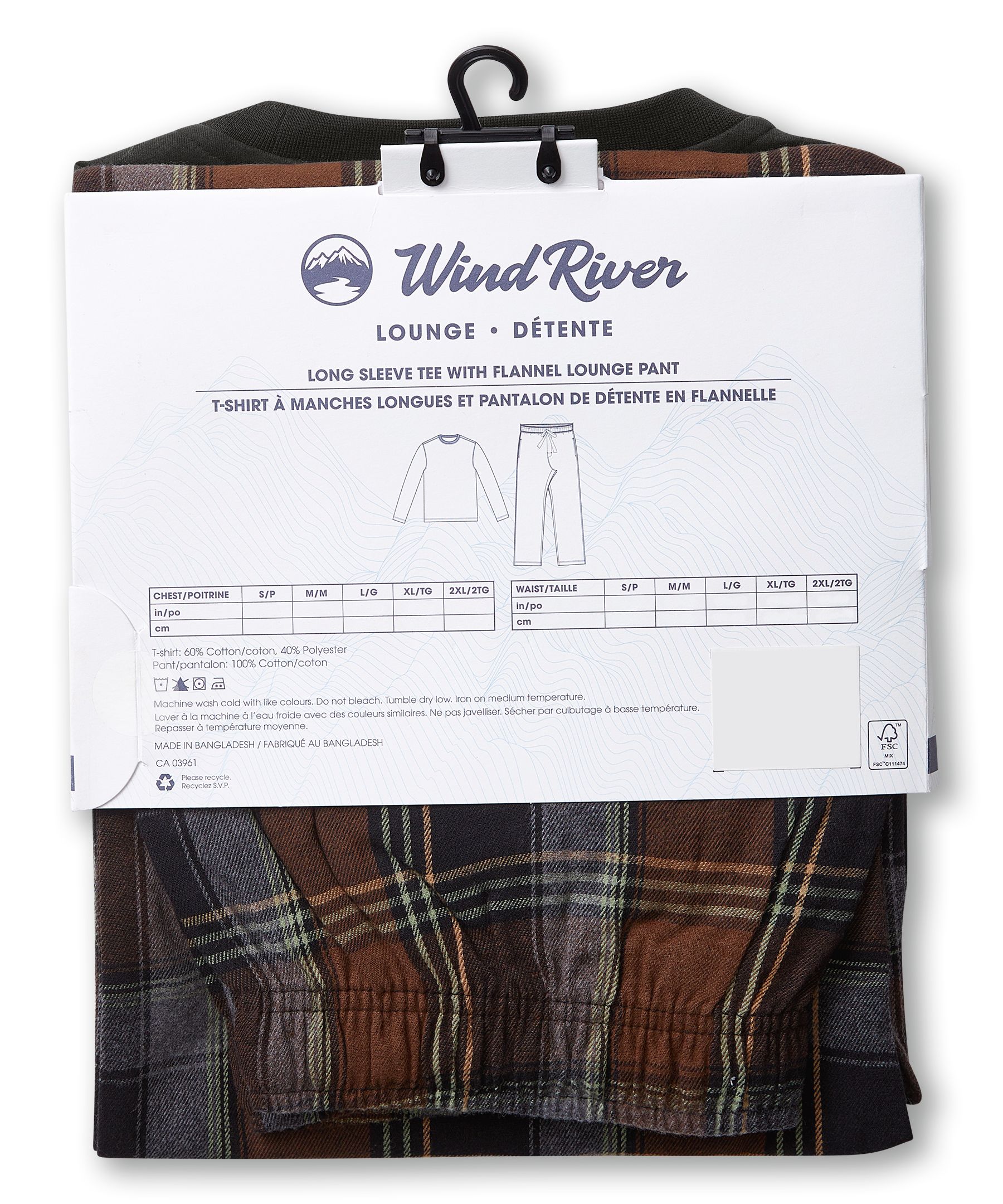 Ensemble de pyjama en flanelle à carreaux pour hommes, WindRiver