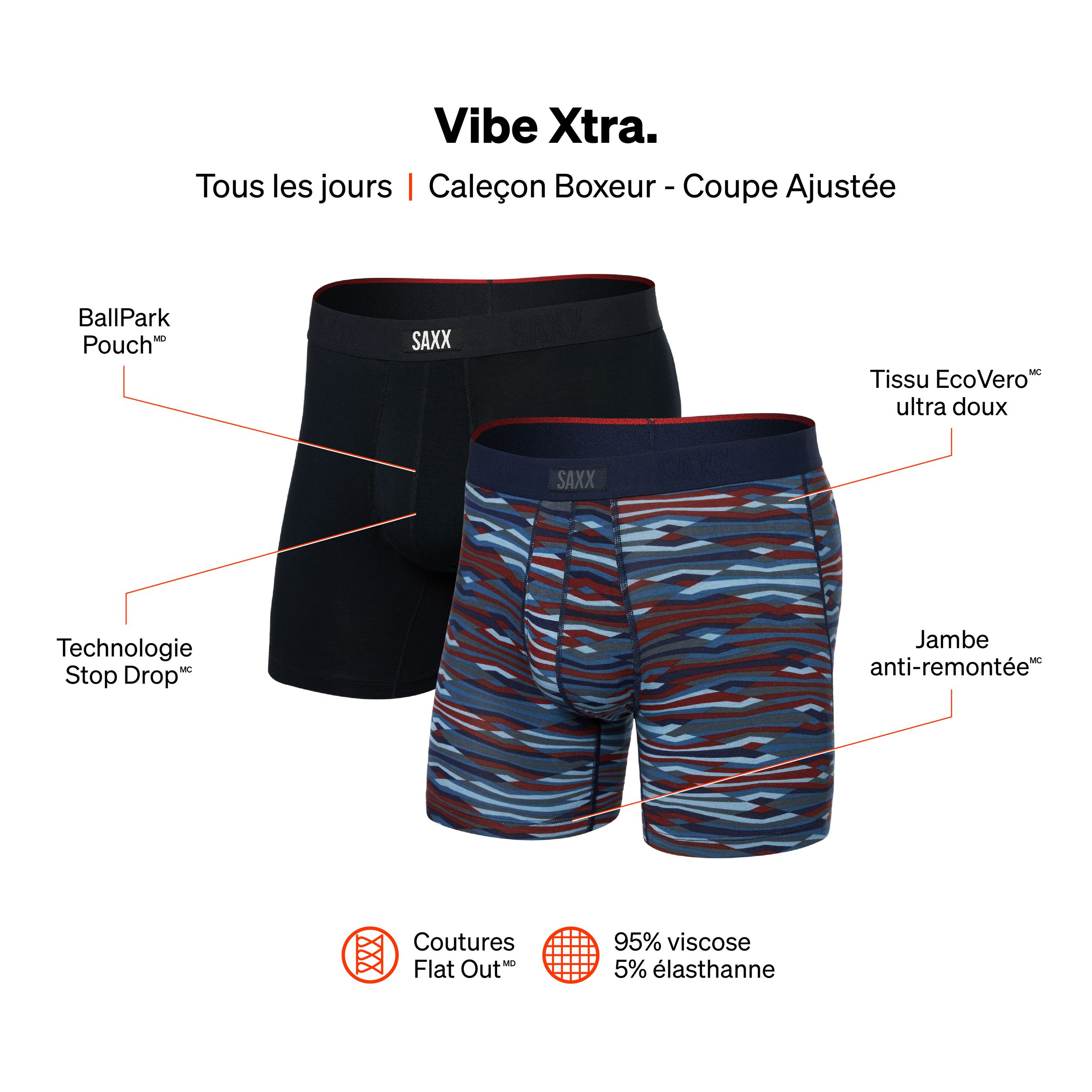 Caleçon boxeur avec BallPark PouchMC pour hommes, Vibe Xtra, SAXX, paquet de 2