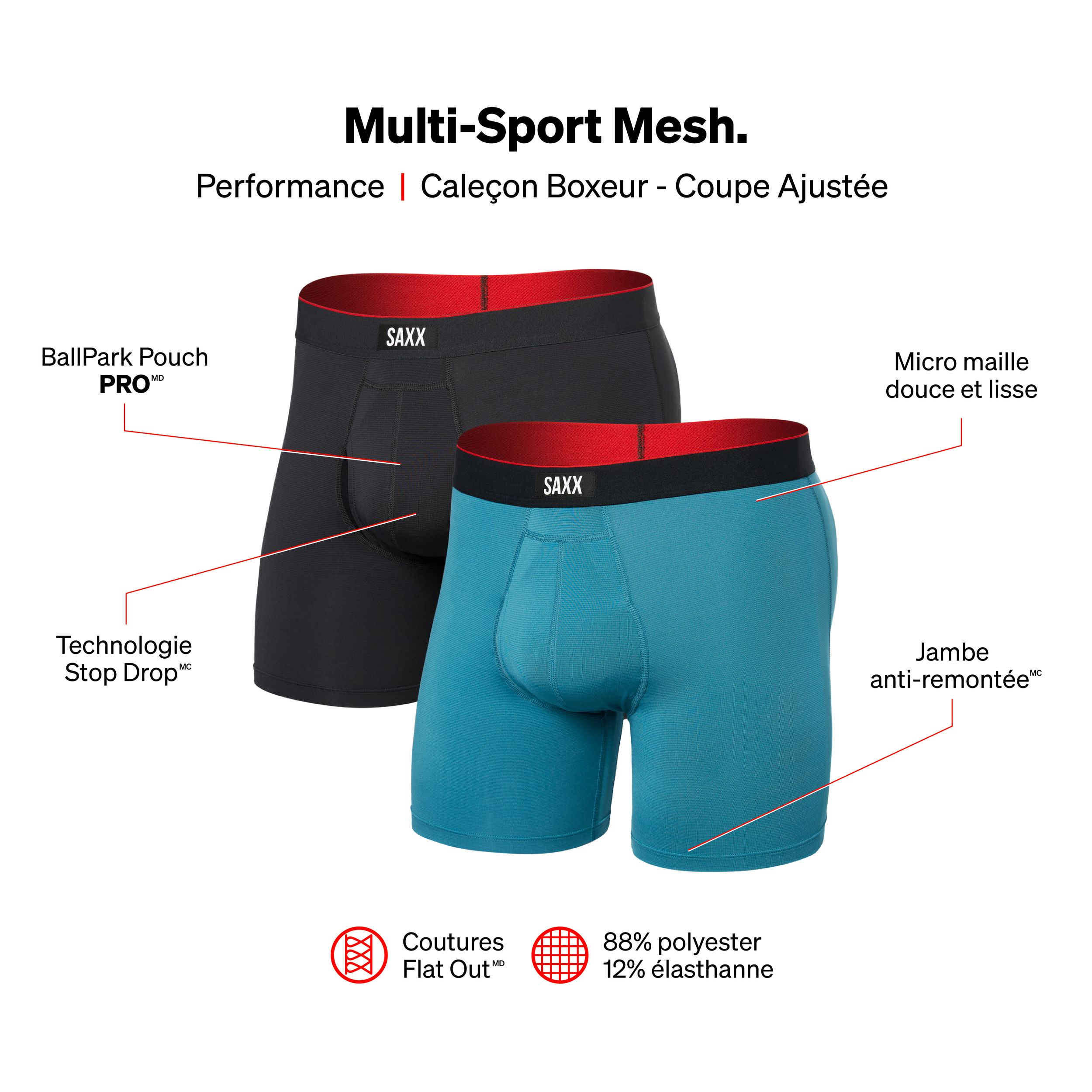 Caleçon boxeur en filet pour hommes, Multi-Sport, SAXX, paquet de 2