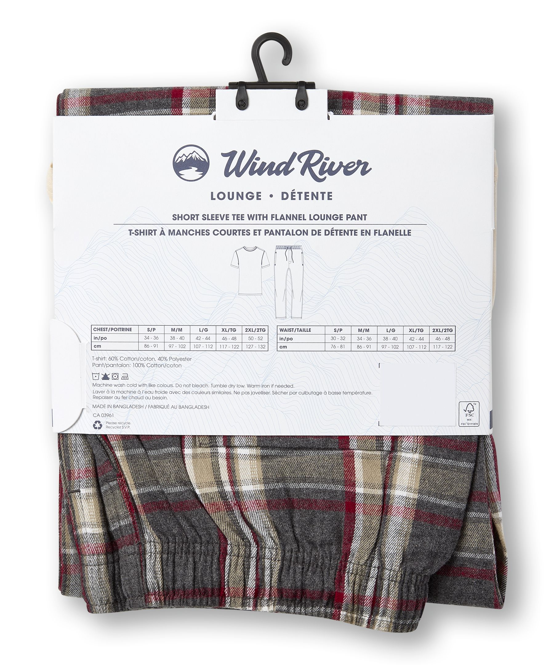 Ensemble de pyjama en flanelle à carreaux pour hommes, WindRiver